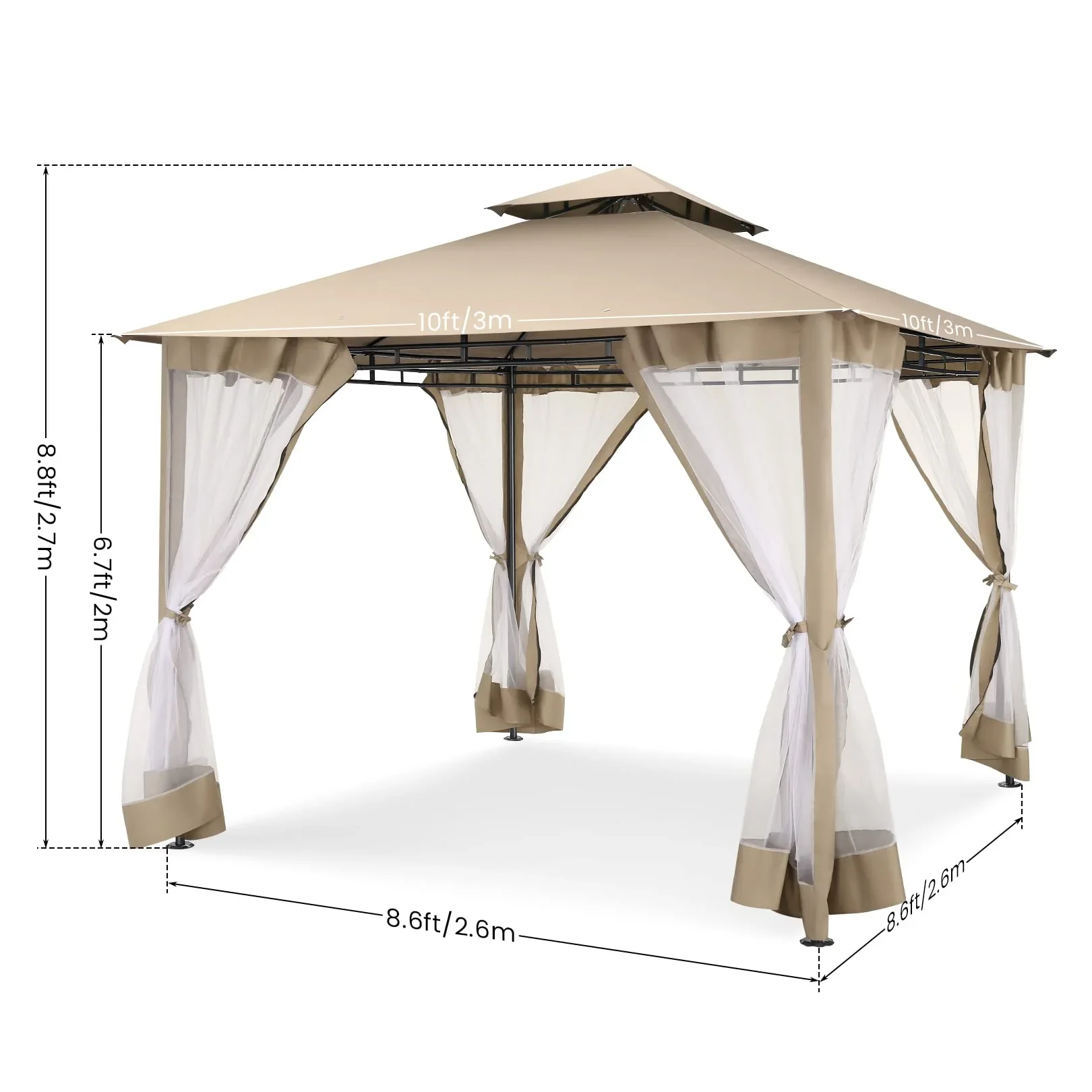 SANOPY 10'x10' Canopy Gazebo, Assembled Style Wrought Iron Gazebo Tent Can Accommodate 6-10 People with 4 Detachable Mosquito Net Side Walls for Garden, Yard, Beach