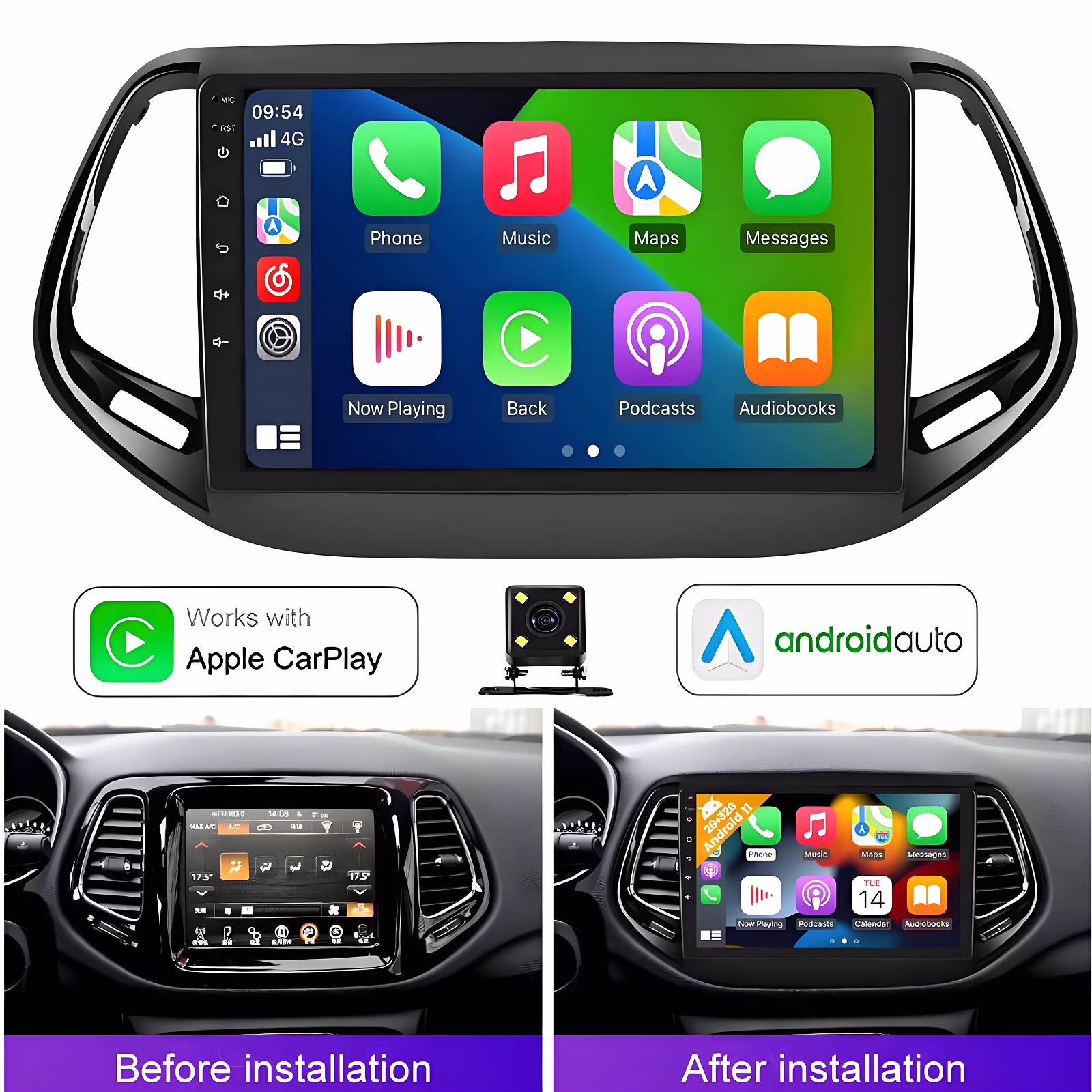 2+32G Car Stereo Radio for Jeep Compass 2017-2019, Support Wireless Carplay Android Auto 9" Touch Screen Android 13 Bluetooth GPS Navigation Car Player Radio(2+32GB)