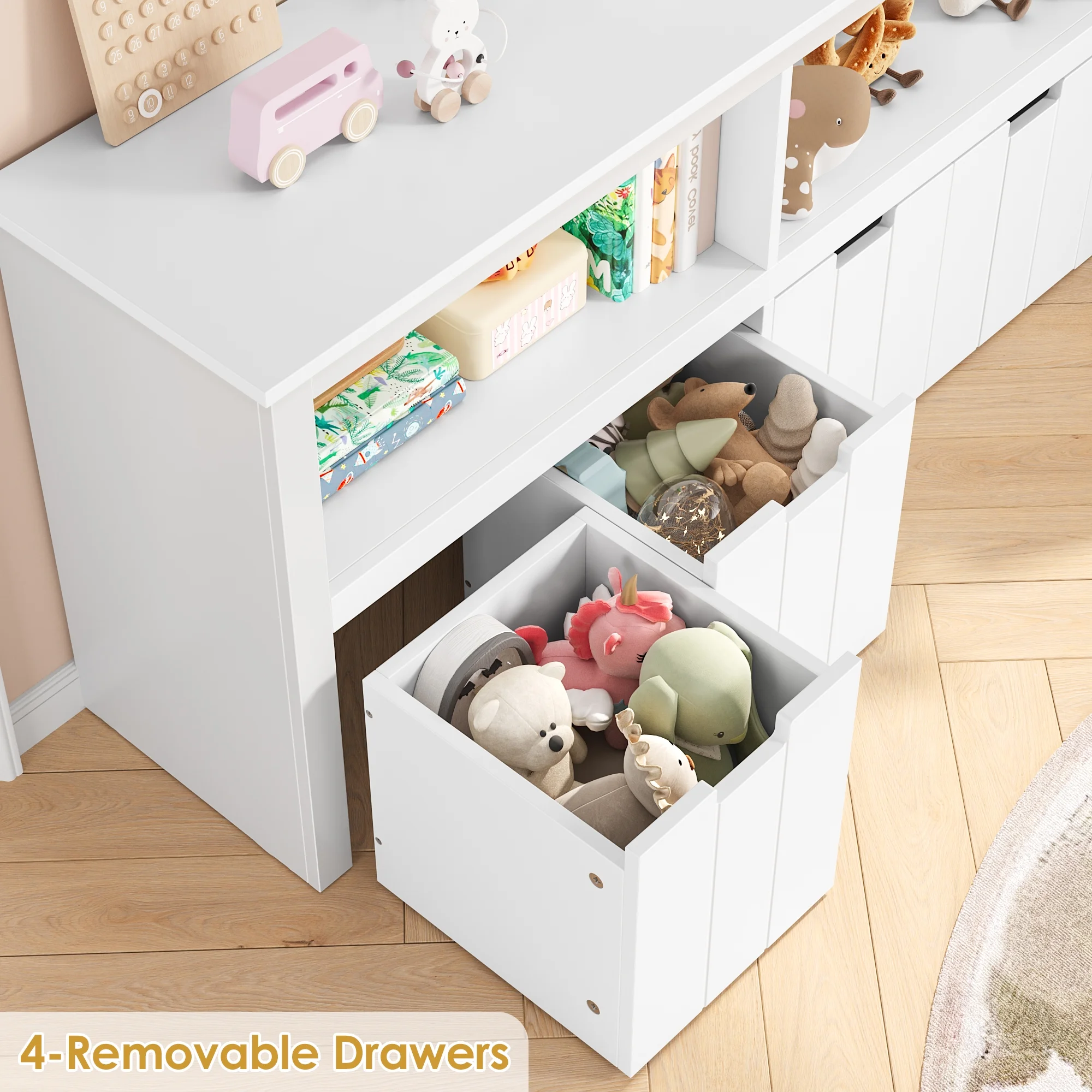 Kids Toy Storage with 4 Drawers, Cubes Storage Bin with Shelves and Wheels for Kids Living Room, White(White) - Image 2