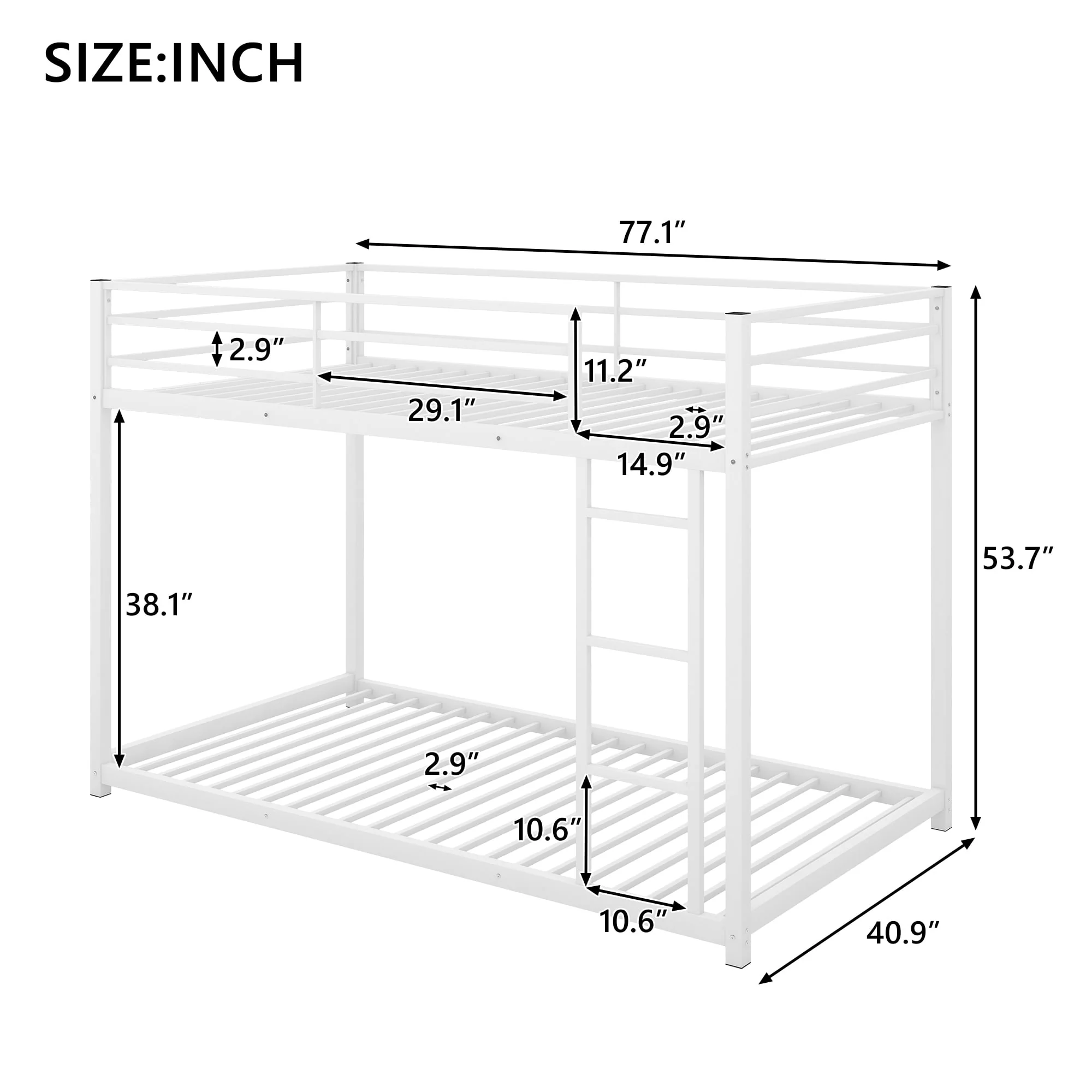 Twin Over Twin Metal Bunk Bed, Low Twin Bunk Bed With Safety Guardrail and Ladder,No Box Spring Needed,Steel Bunk Bed Platform Suitable for Girls Boys Teens, White - Image 7