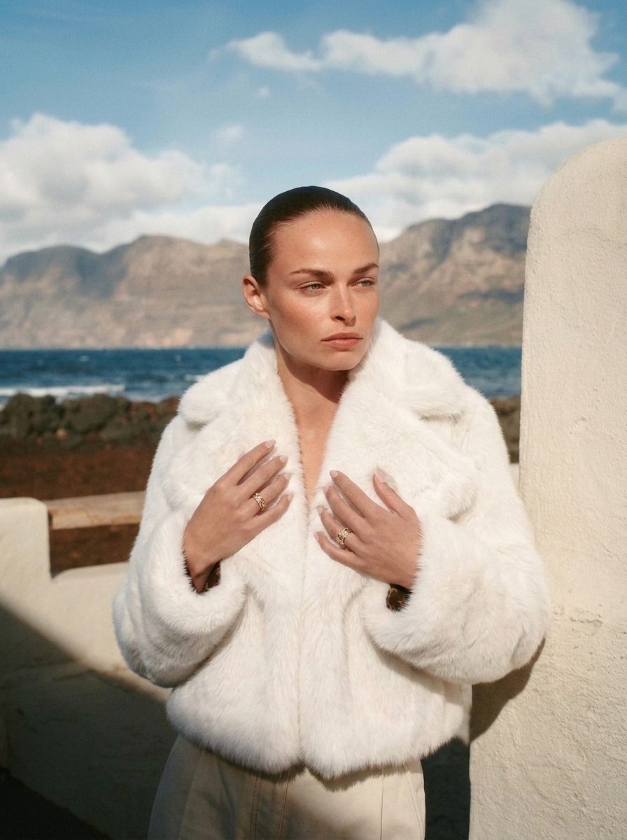Stanetco Women's Short Faux Fur Coat - Cropped Fluffy Winter Jacket, Elegant White Shaggy Outerwear with Lapel Collar