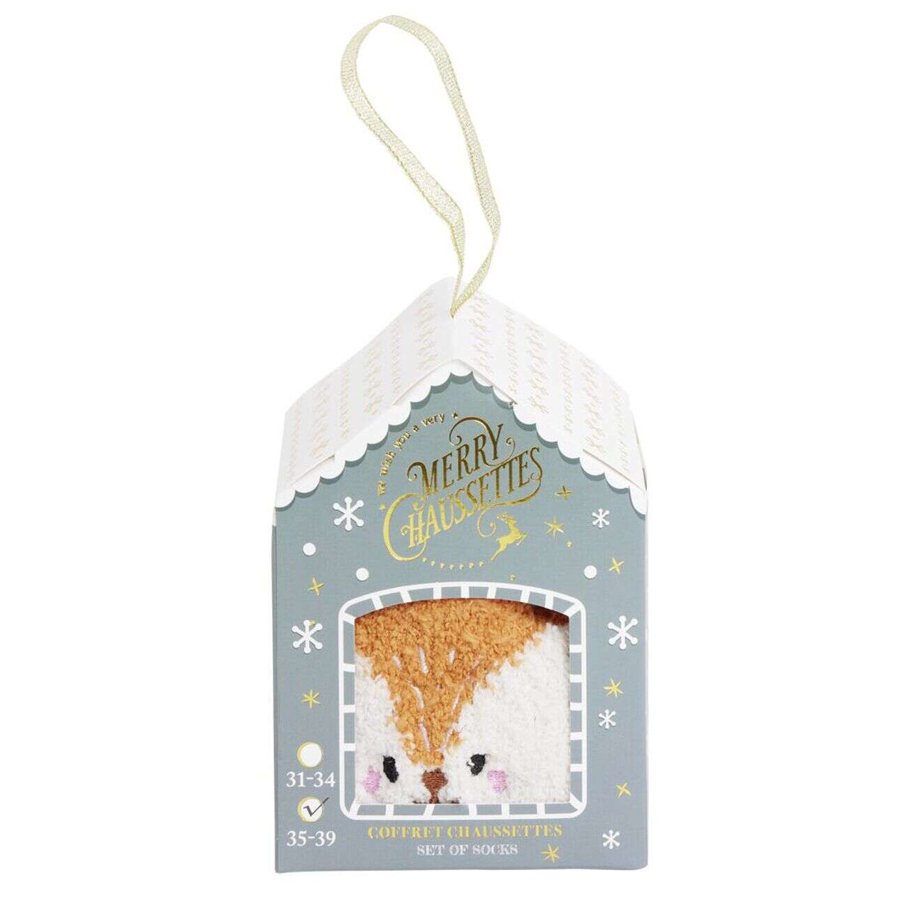 Coffret cadeau chaussettes cocooning renne Noël orange et blanc (31/34 ou 35/39)