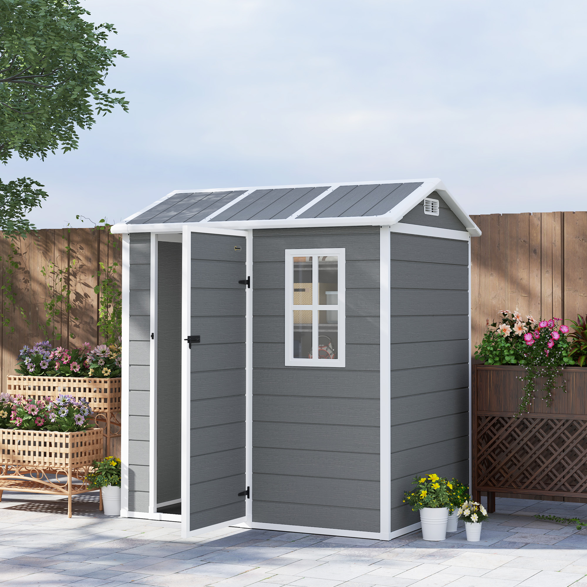 Outsunny Tuinhuis, Gereedschapsschuur met Bodem, Raam, Afsluitbare Deur, Kunststof-Harz, Weerbestendig, Grijs