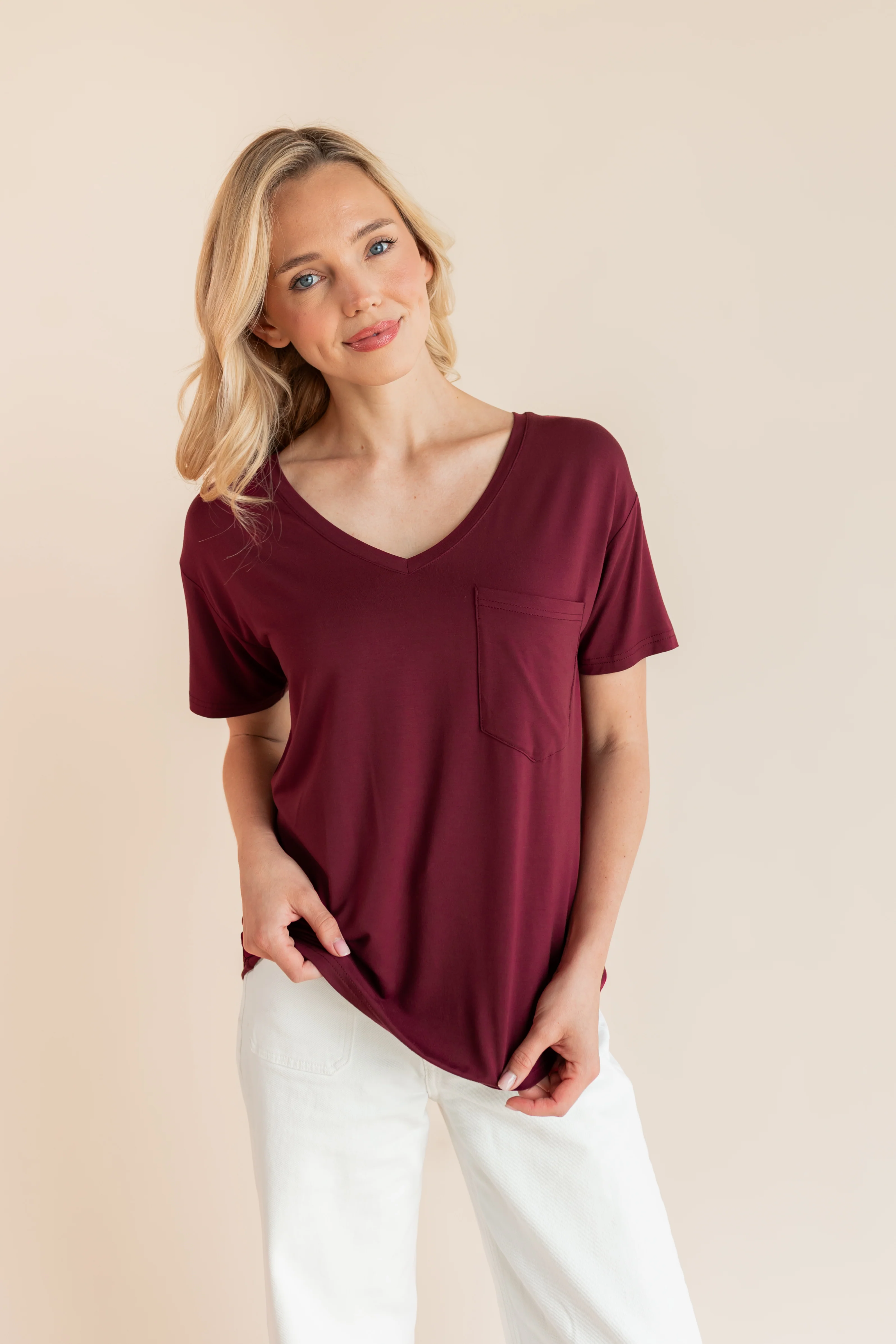 Women's Oversized V-Neck Tee in Burgundy