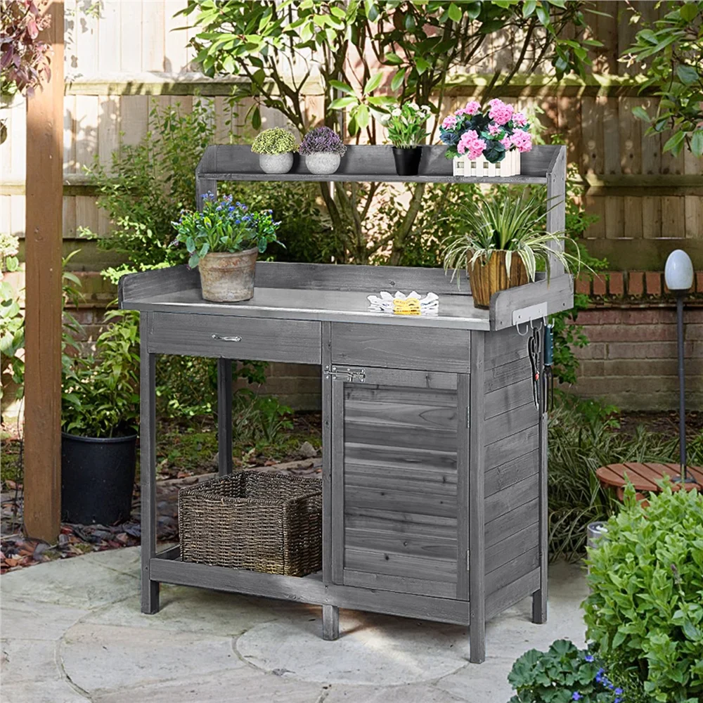SmileMart Wooden Garden Potting Bench Table with Cabinet, Gray