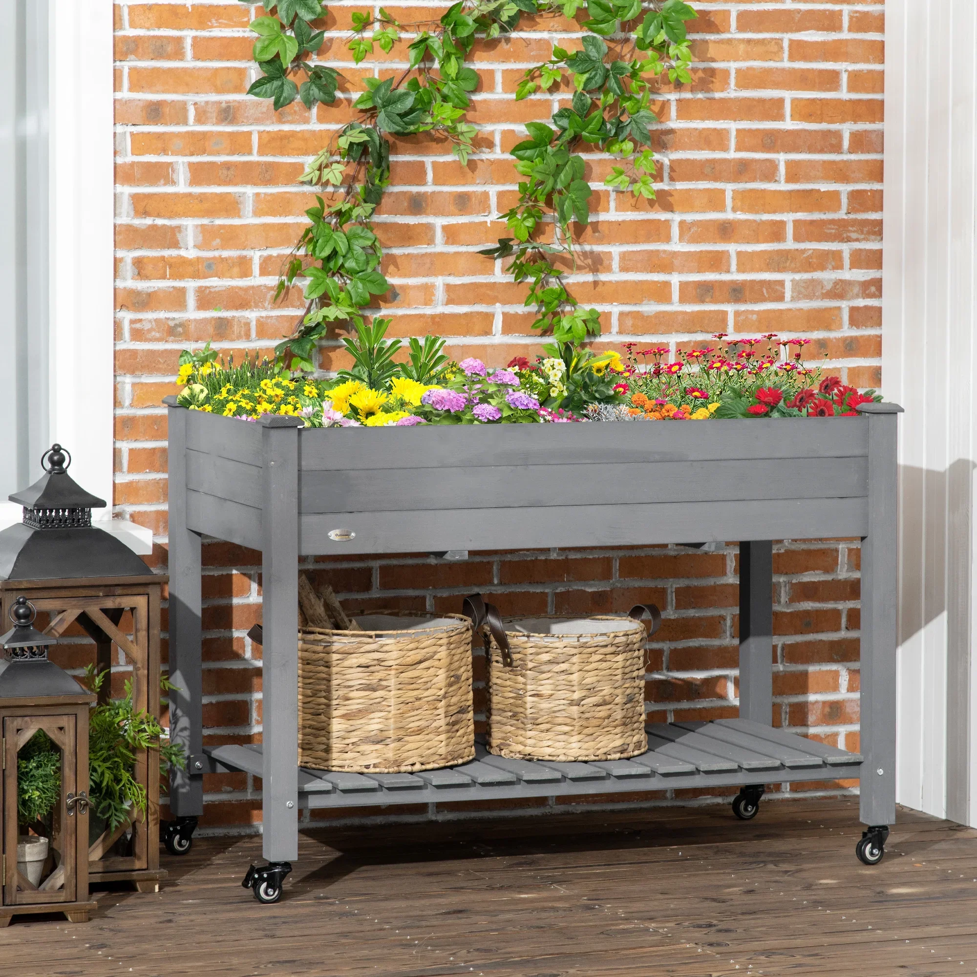 Outsunny 47 x 21 Raised Garden Bed Elevated Wooden Planter Box w/ Lockable Wheels, Storage Shelf and Bed Liner for Backyard, Patio, Dark Gray