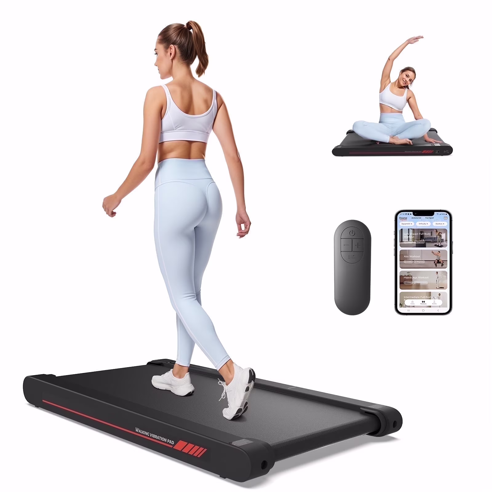 Walking Pad Treadmill with APP,3 in 1 Portable Under Desk Treadmill Fitness,Walking Vibration Workout Pad with Remote Control(Red)