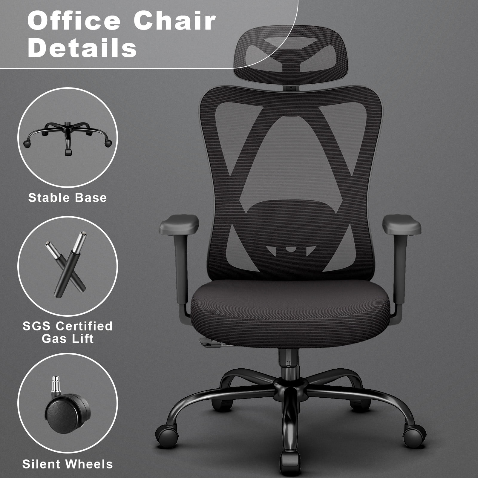 Ergonomic Mesh Office Chair with Adjustable Headrest, Lumbar Support, and 3D Armrests Highback Swivel Task Chair Home(Black)