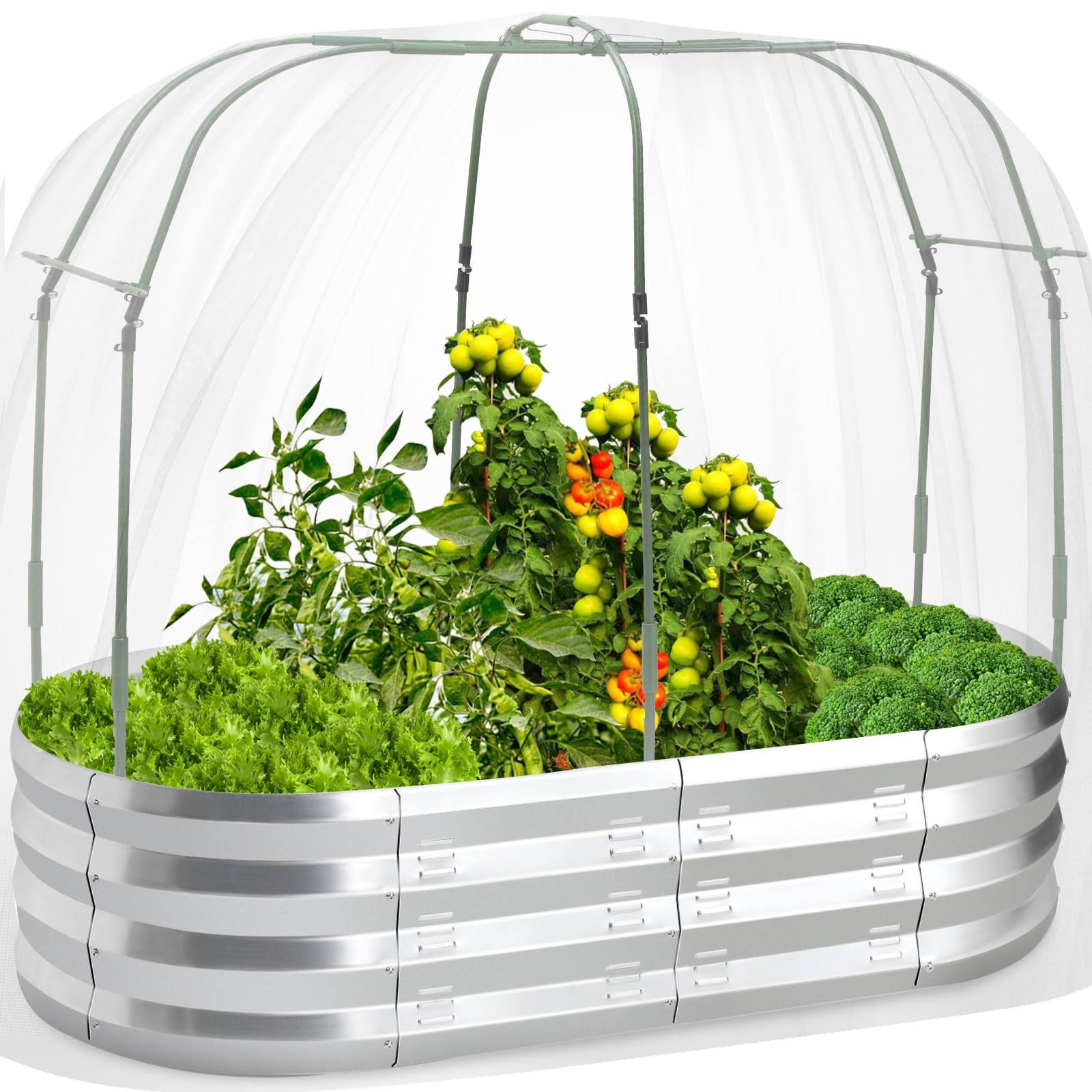 Raised Garden Bed with Greenhouse Frame and 3 Covers, Galvanized Metal Oval Planter Box for Outdoor Gardening, Tall Garden Box with Large Planting