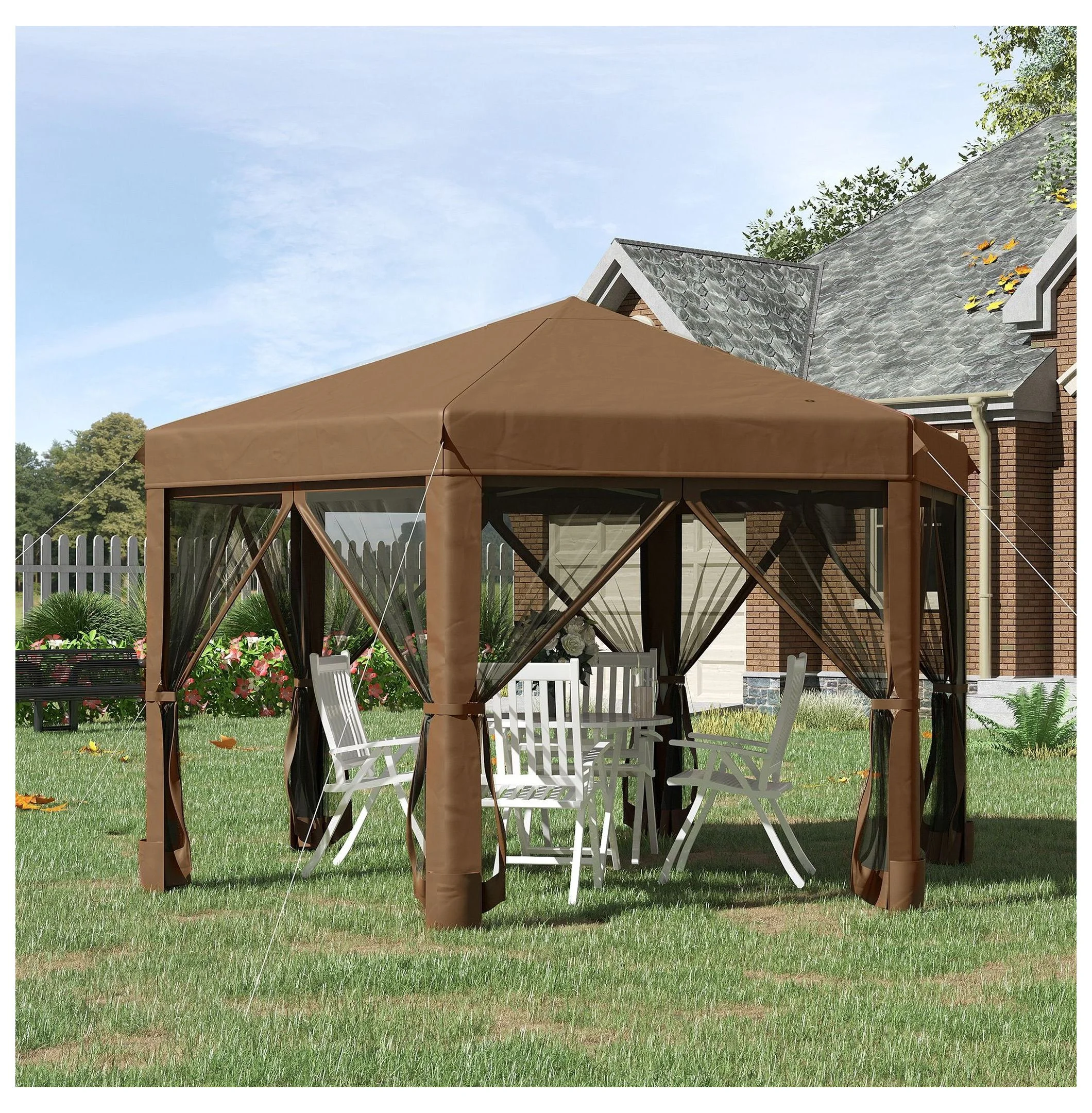 13x13 Pop Up Canopy, Hexagonal Brown Canopy with Mesh Walls Adjustable Outdoor Camping Tent with Steel Frame Stakes - Image 2