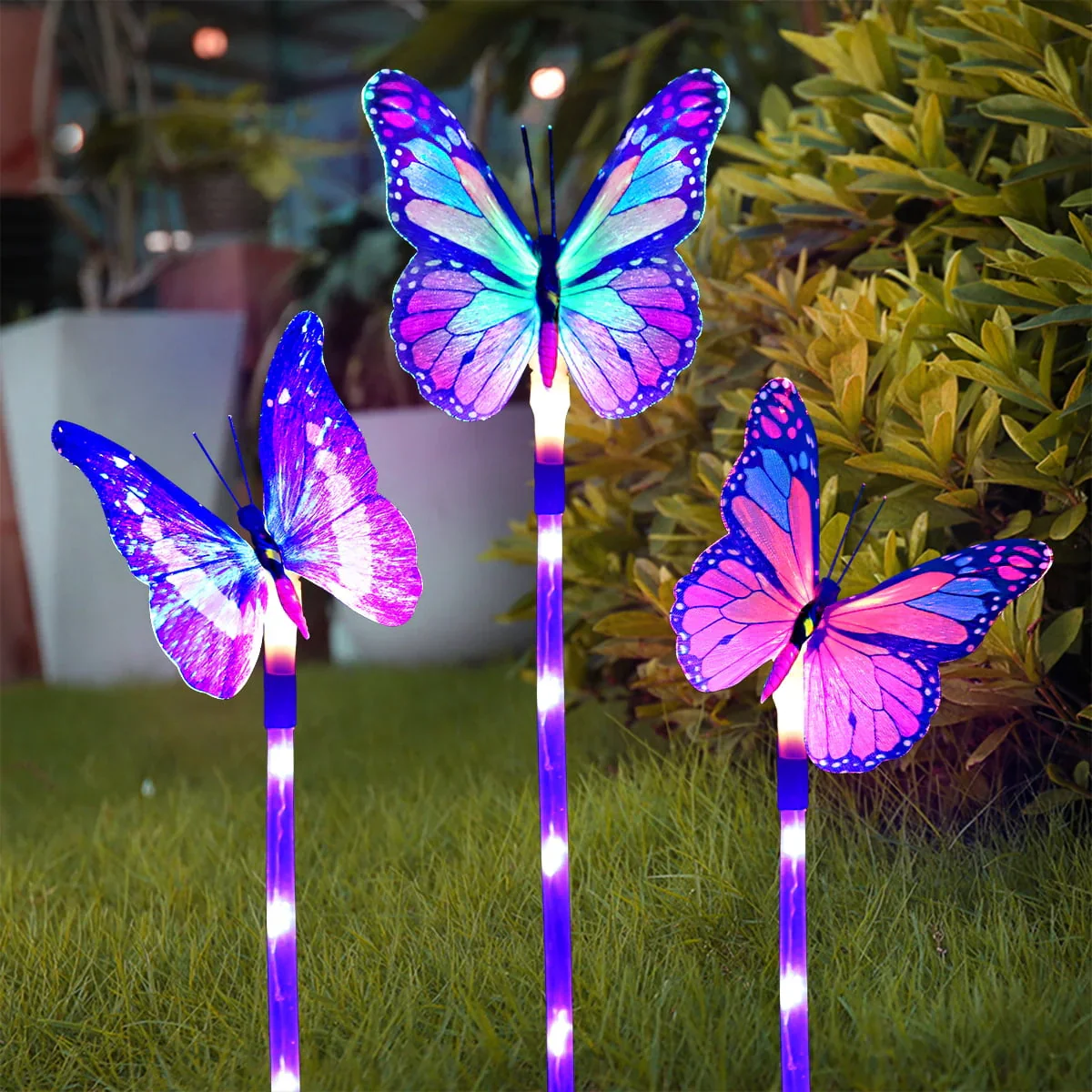 Garden Solar Lights Outdoor, 3 Pack Solar Stake Lights Multi-Color Changing LED Butterfly, Fiber Optic Decorative Lights for Yard, Garden, Solar Powered Light with a Purple LED Light Stake