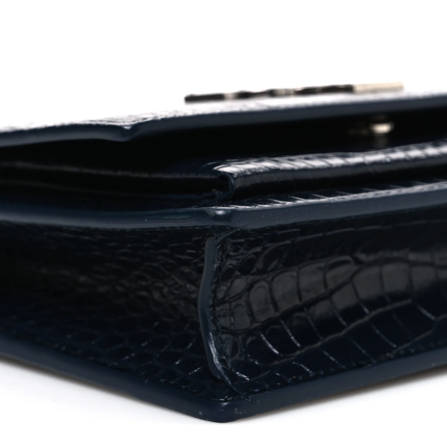 Calfskin Crocodile Embossed Monogram Sunset Chain Wallet New Cobalt