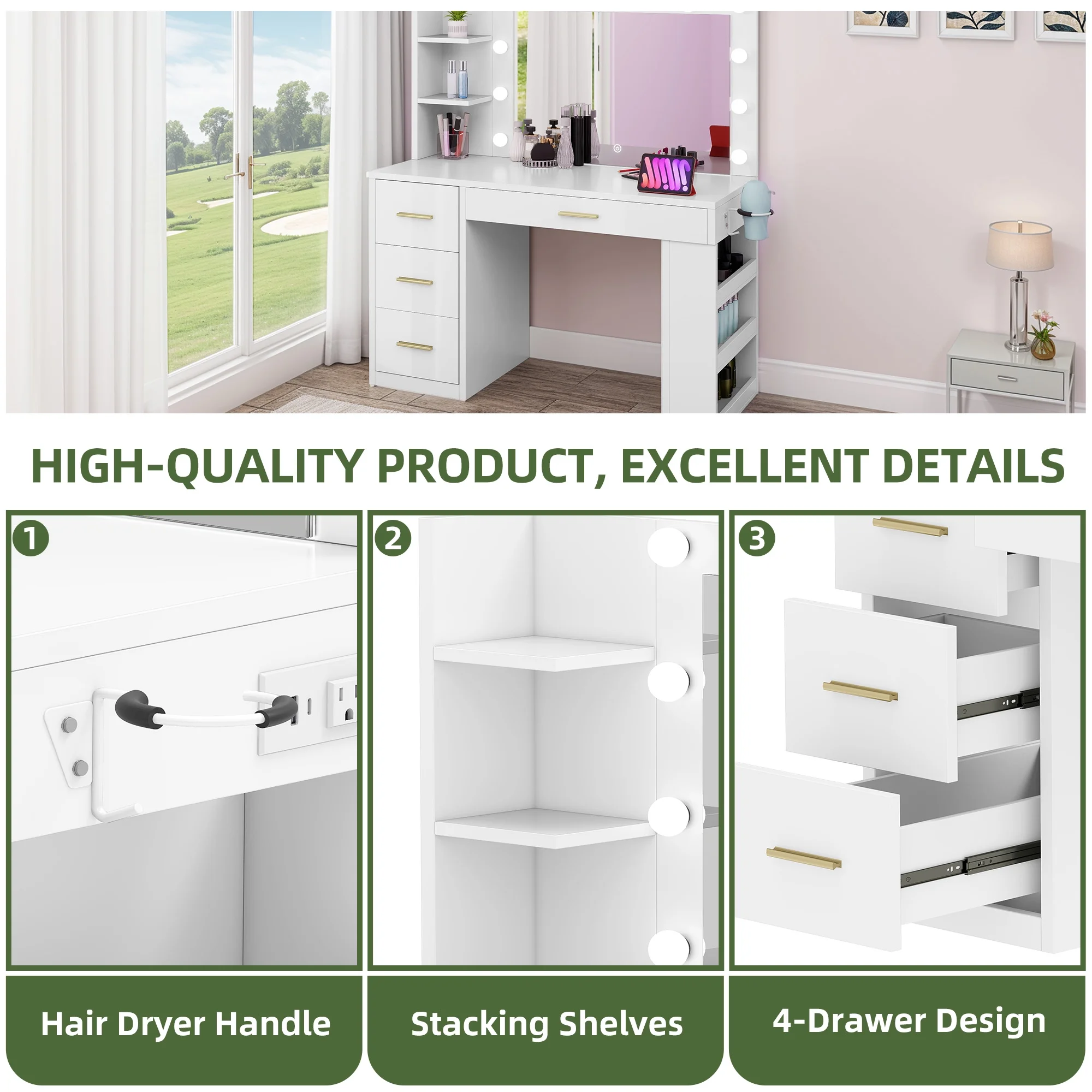 Makeup Vanity Desk with Mirror Lights, Vanity Desk with 4 Drawers Storage Shelves White(White) - Image 6