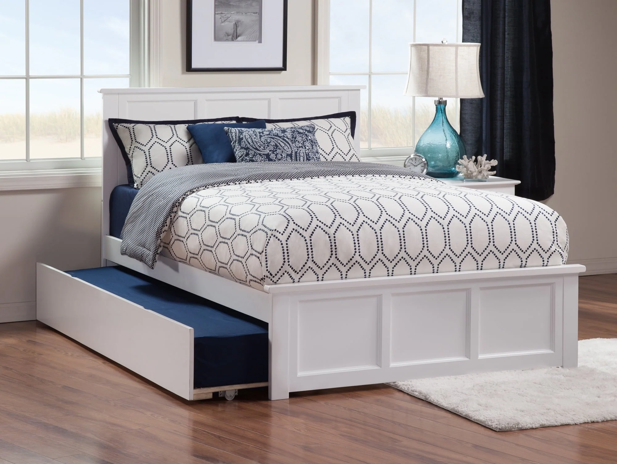 Madison Queen Platform Bed with Wood Headboard Footboard Twin XL Trundle, White