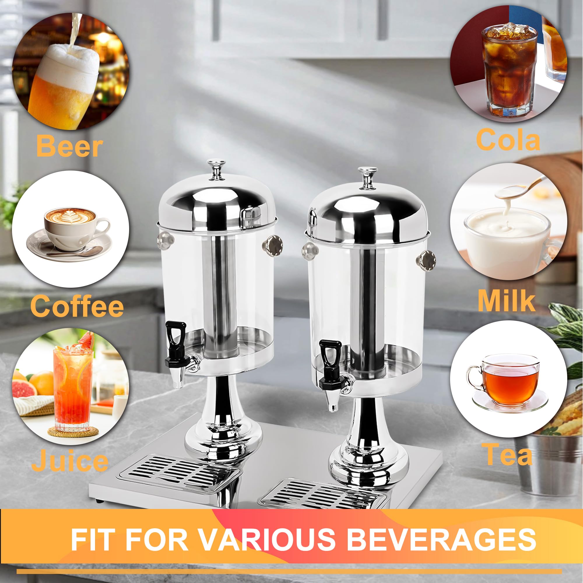 4.4Gal Stainless Steel Dual Head Beverage Dispenser with Ice Core | Drip Trays Drink Station for Party Buffet Wedding Home Cafeteria Events