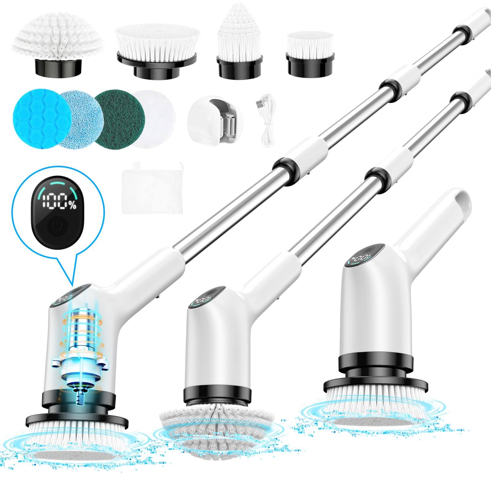 Electric Spin Scrubber, 2023 Upgrade Cordless Shower Scrubber with 8 Replaceable Brush Heads and 3 Adjustable Speeds, LED Screen and Extension