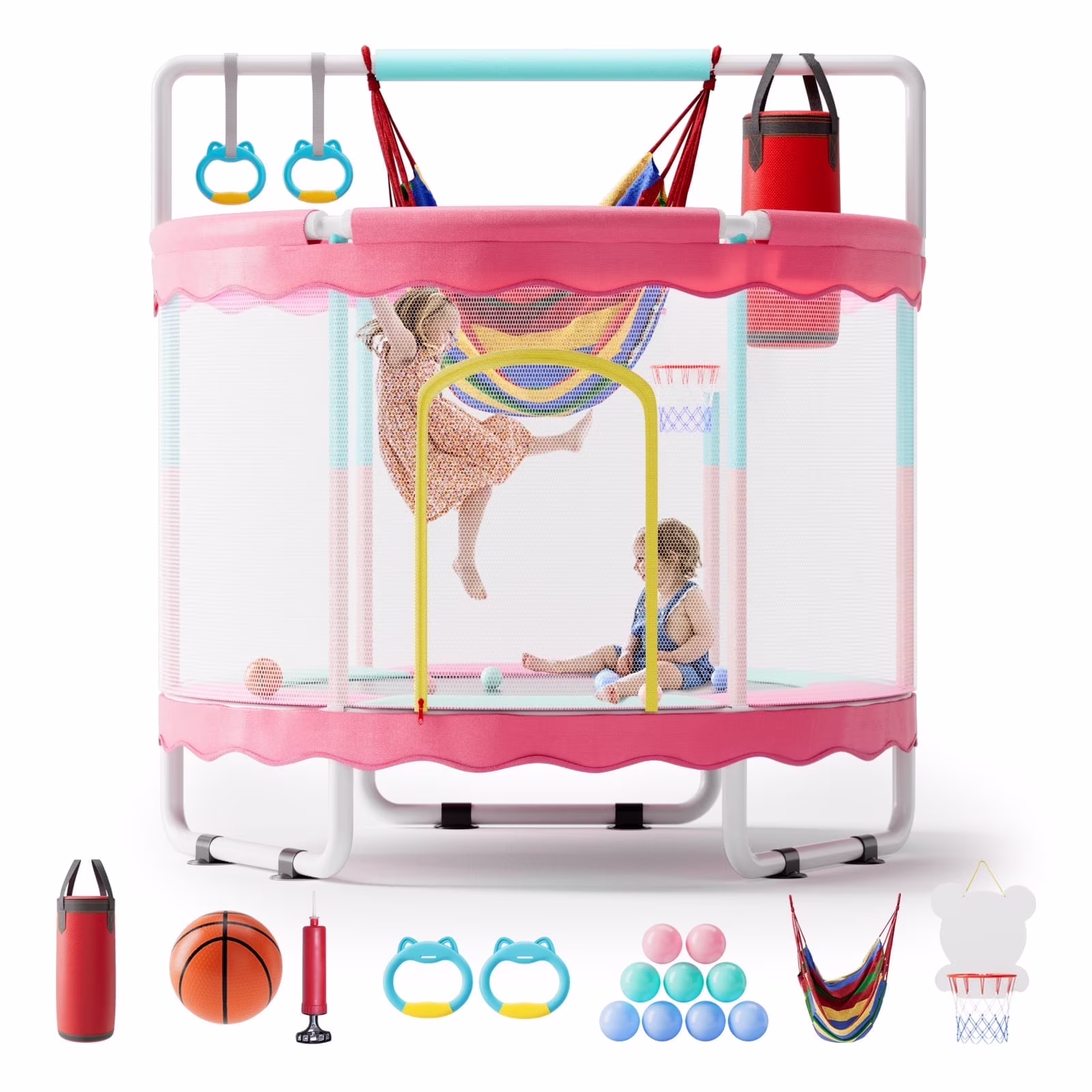 60" Toddler Trampoline Mini Trampoline for Kids with Enclosure Net 5FT Mini Trampoline with Swing Sandbag Basketball Hoop for Kids, Boys Girls,440Lbs Pink(Pink)