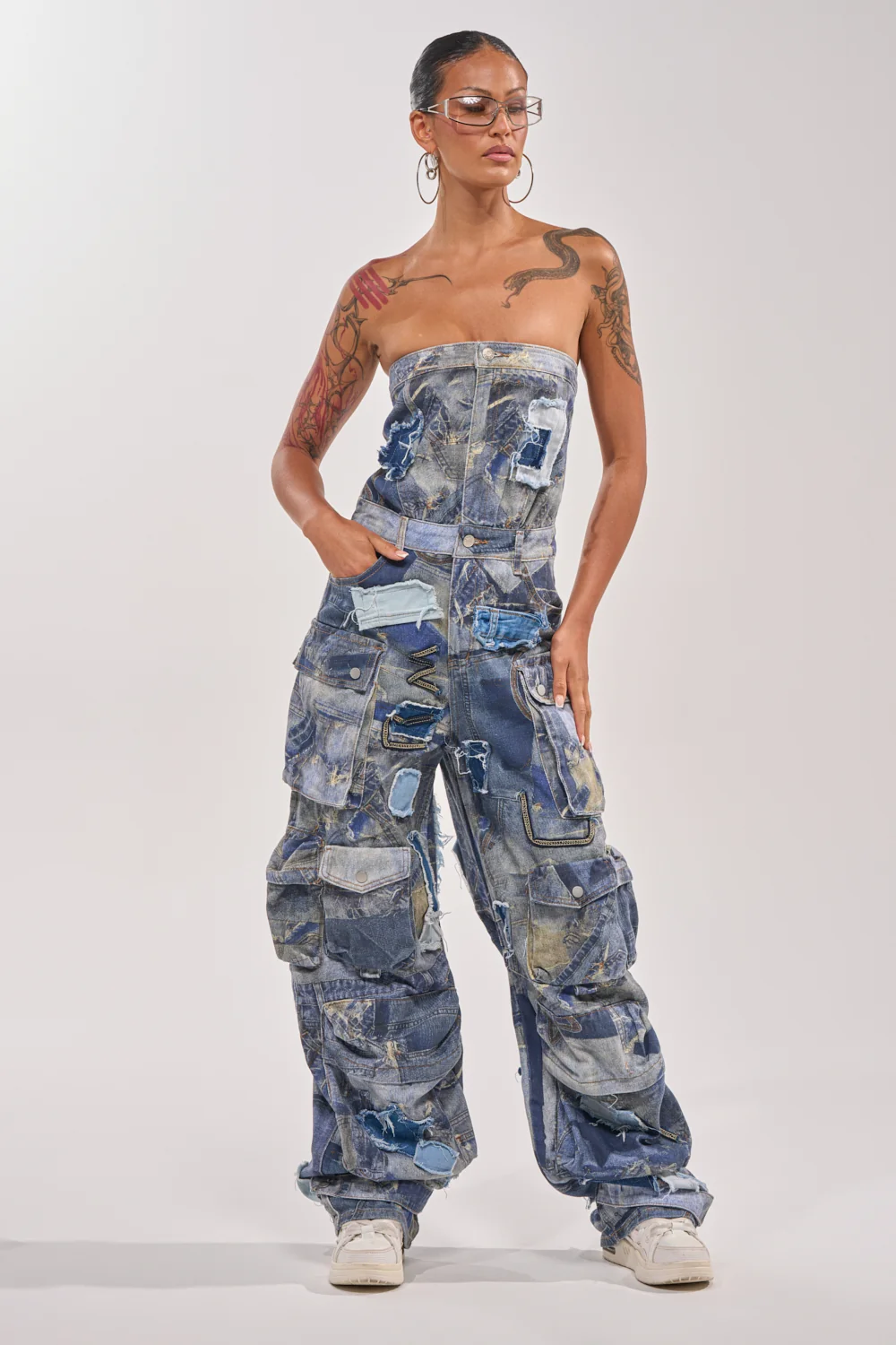 PATCHWORK DENIM ON DENIM JUMPSUIT - Akira Store