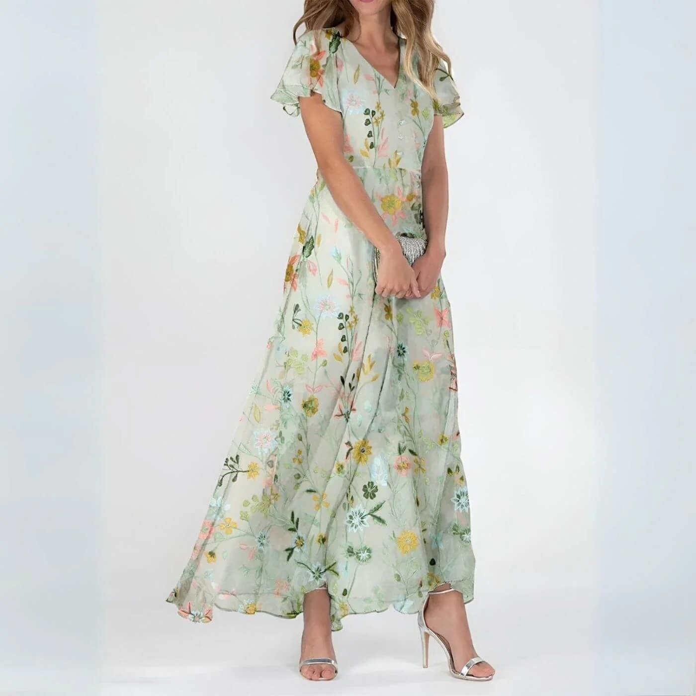 Régine™ – Robe longue d’été fleurie à col V