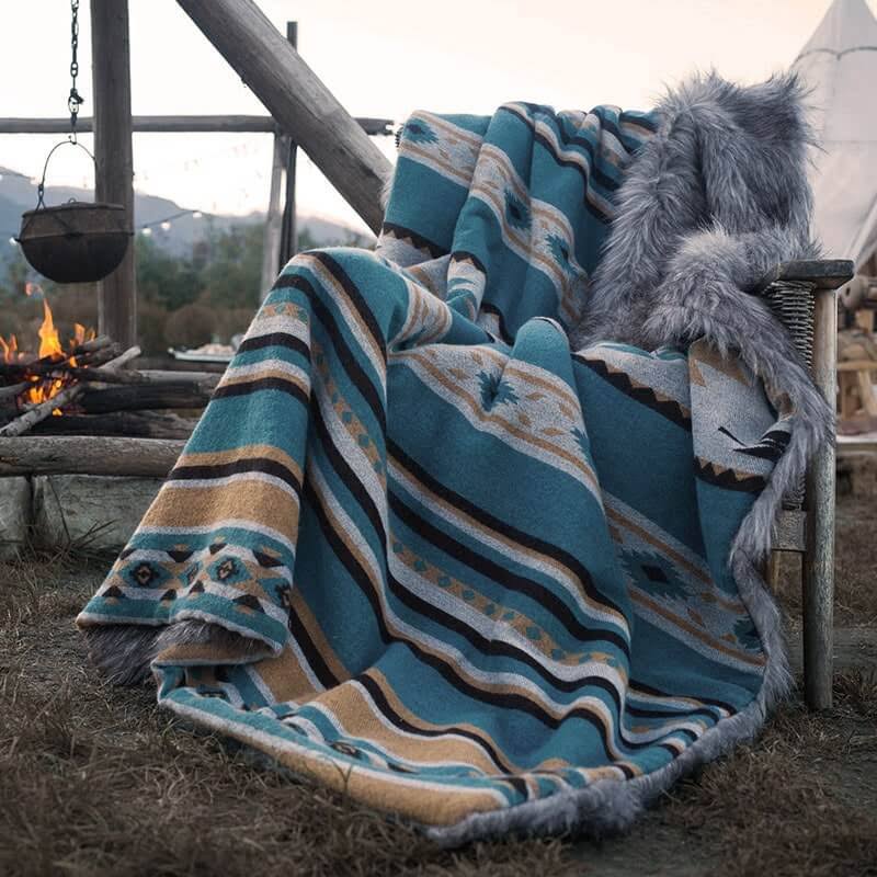 Aztec Faux Fur Blanket - Anifurry Grey+Turquoise / 60