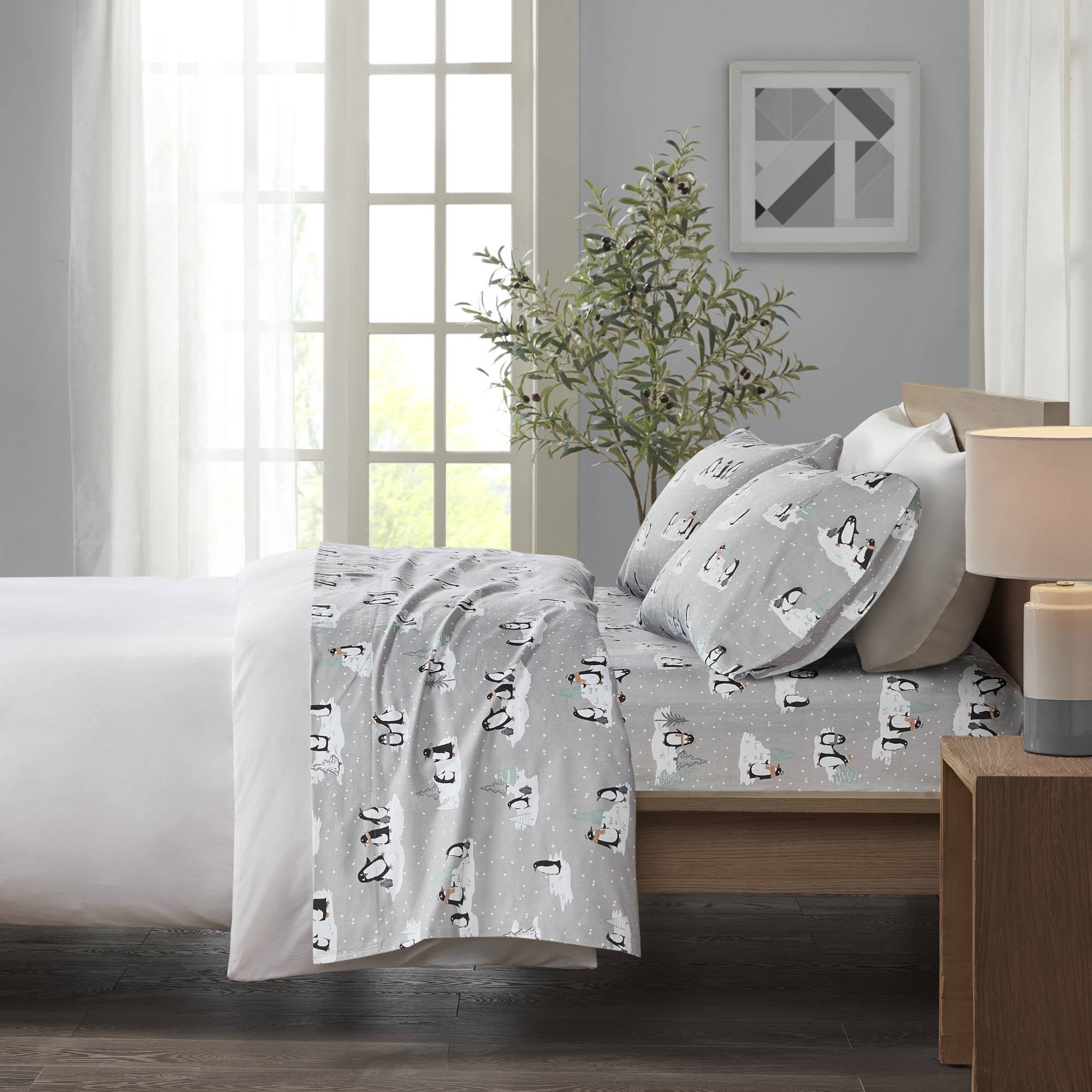 True North by Sleep Philosophy - Cozy Cotton Flannel Printed Sheet Set - King - Grey Penguins
