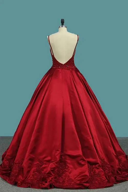 Burgundy Spaghetti Straps Beading Prom Dresses, Princess Ball Gown DMJ7