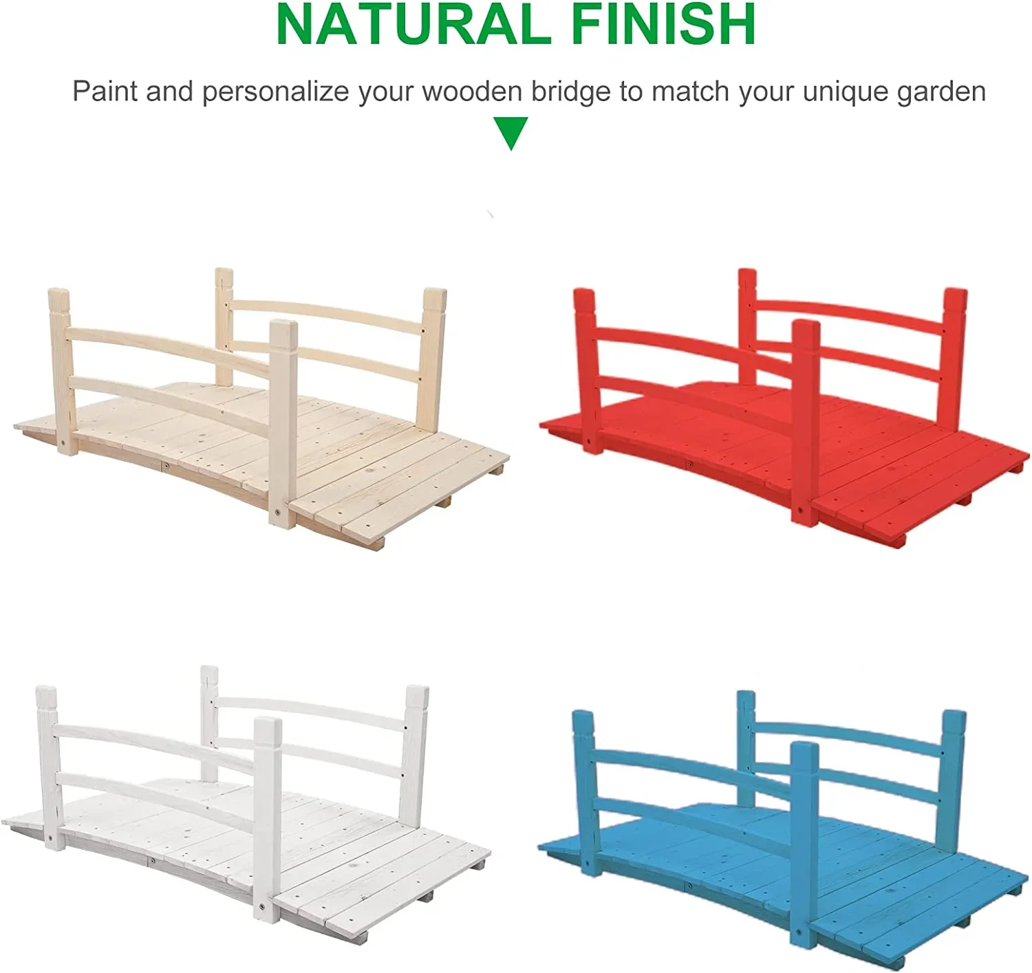 4 ft Garden Bridge, Arch Walkway Wooden Bridge with Safety Rails Natural Finished, Decorative Landscaping Footbridge for Koi Pond, Dry Creek Bed, Garden Pathway or Japanese Zen Decor