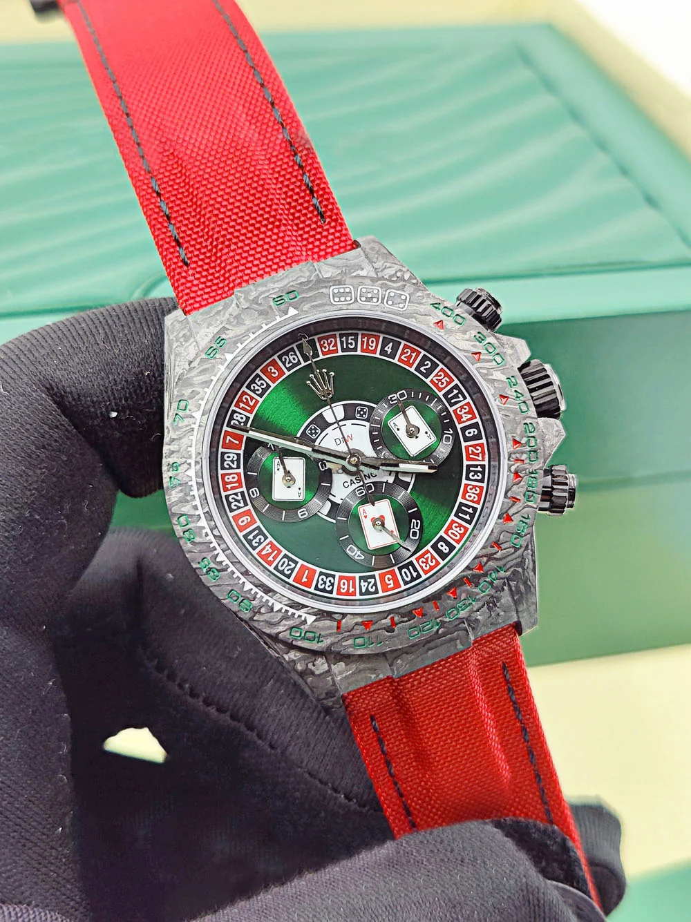 [Super Clone]Rolex Daytona DIW Carbon Lucky Player Casino Super Clone Swiss Replica Watch | Custom Made Limited Edition | 4130 Swiss Movement