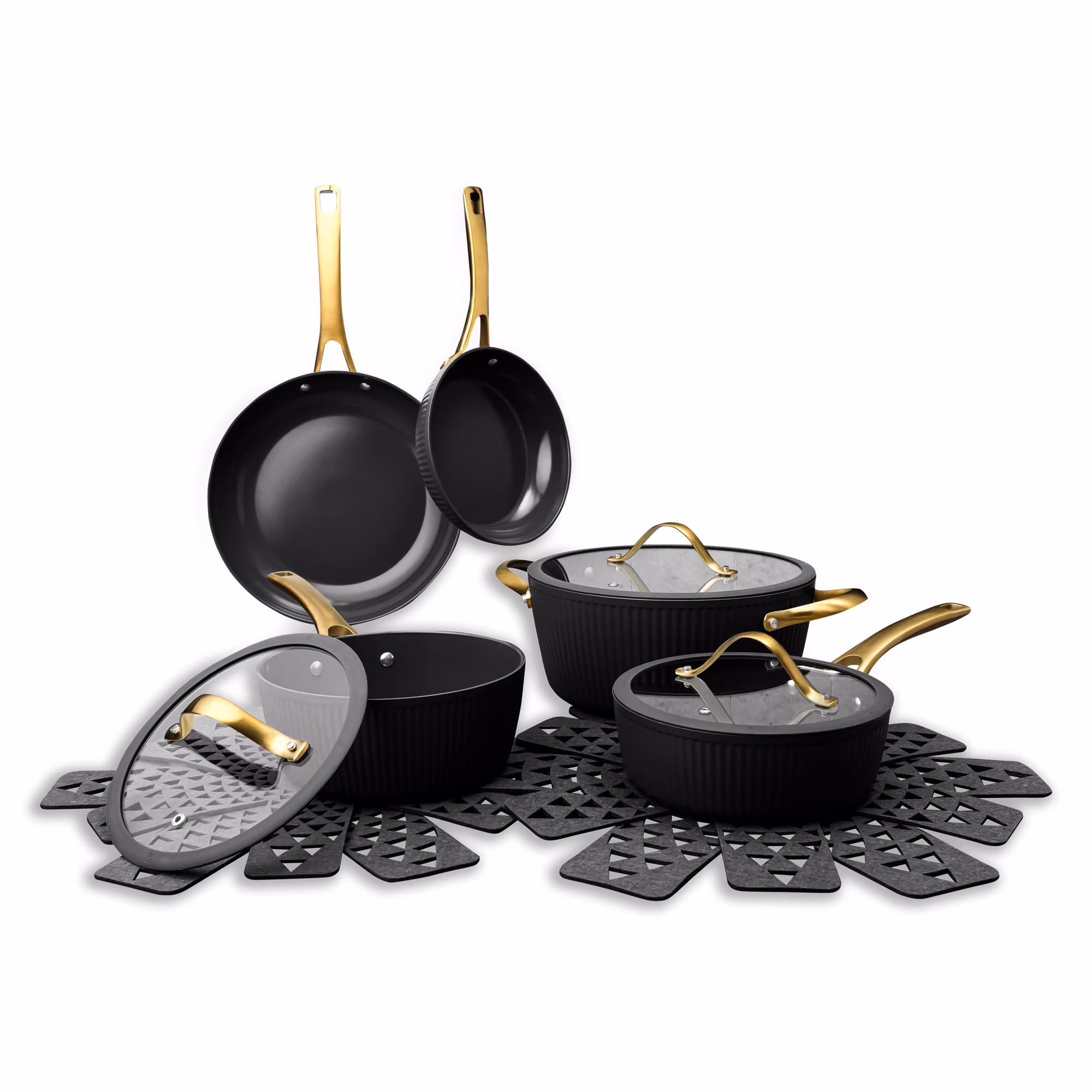 Thyme & Table 12 - Piece Nonstick Signature Ribbed Cookware Set, Pots and Pans Set - Black & Gold