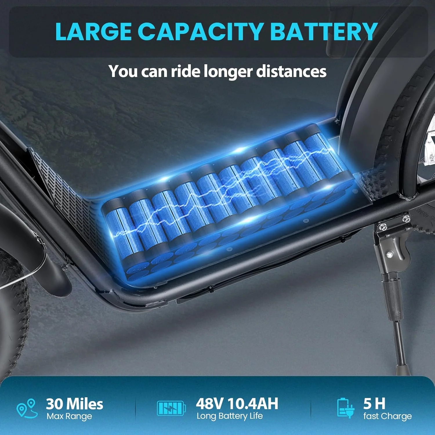 Trottinette électrique pliable Caroma Peak 800W pour adultes, avec pneus de 20 pouces de large, batterie 48V, panier et siège réglable.