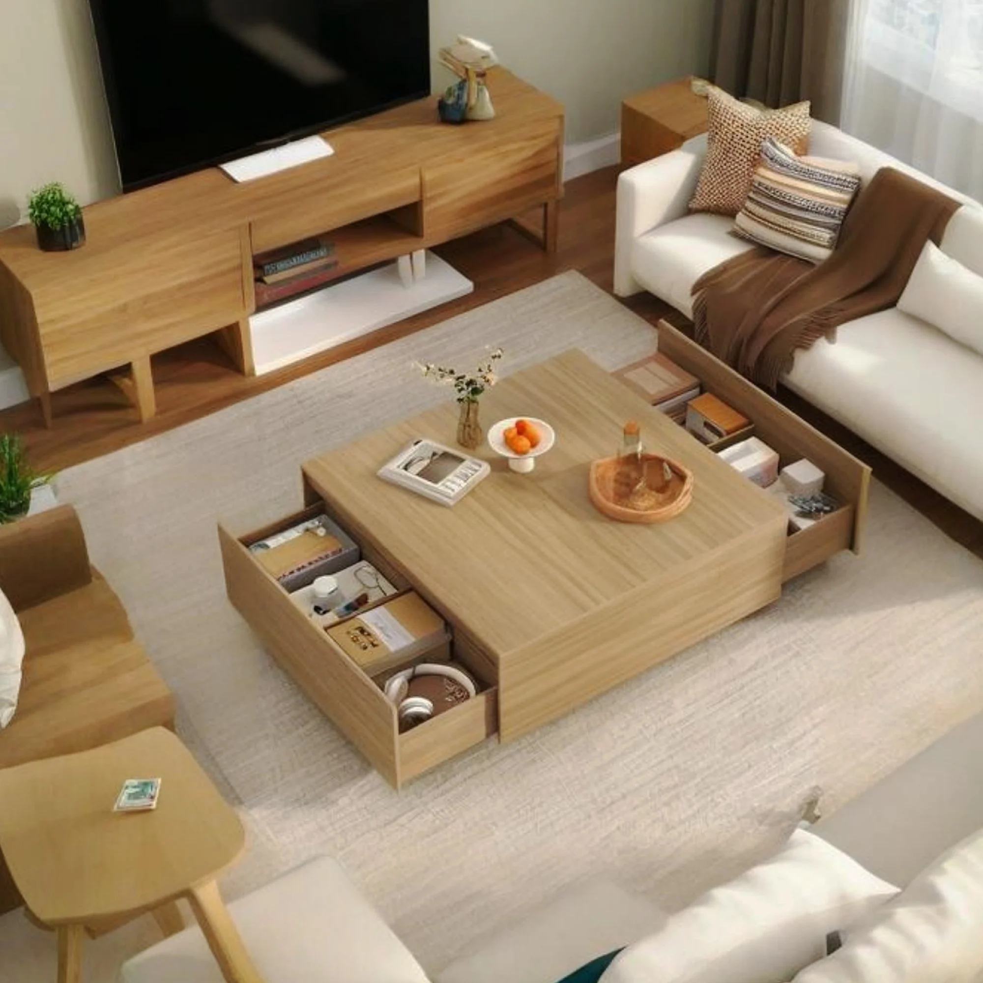 Square Coffee Table with 2 Large Drawers, 43" Mid Century Modern Coffee Table with Storage, Wood Cocktail Table Center Table with Storage for Living Room, Wood Grain(43"/Light Brown) - Image 9