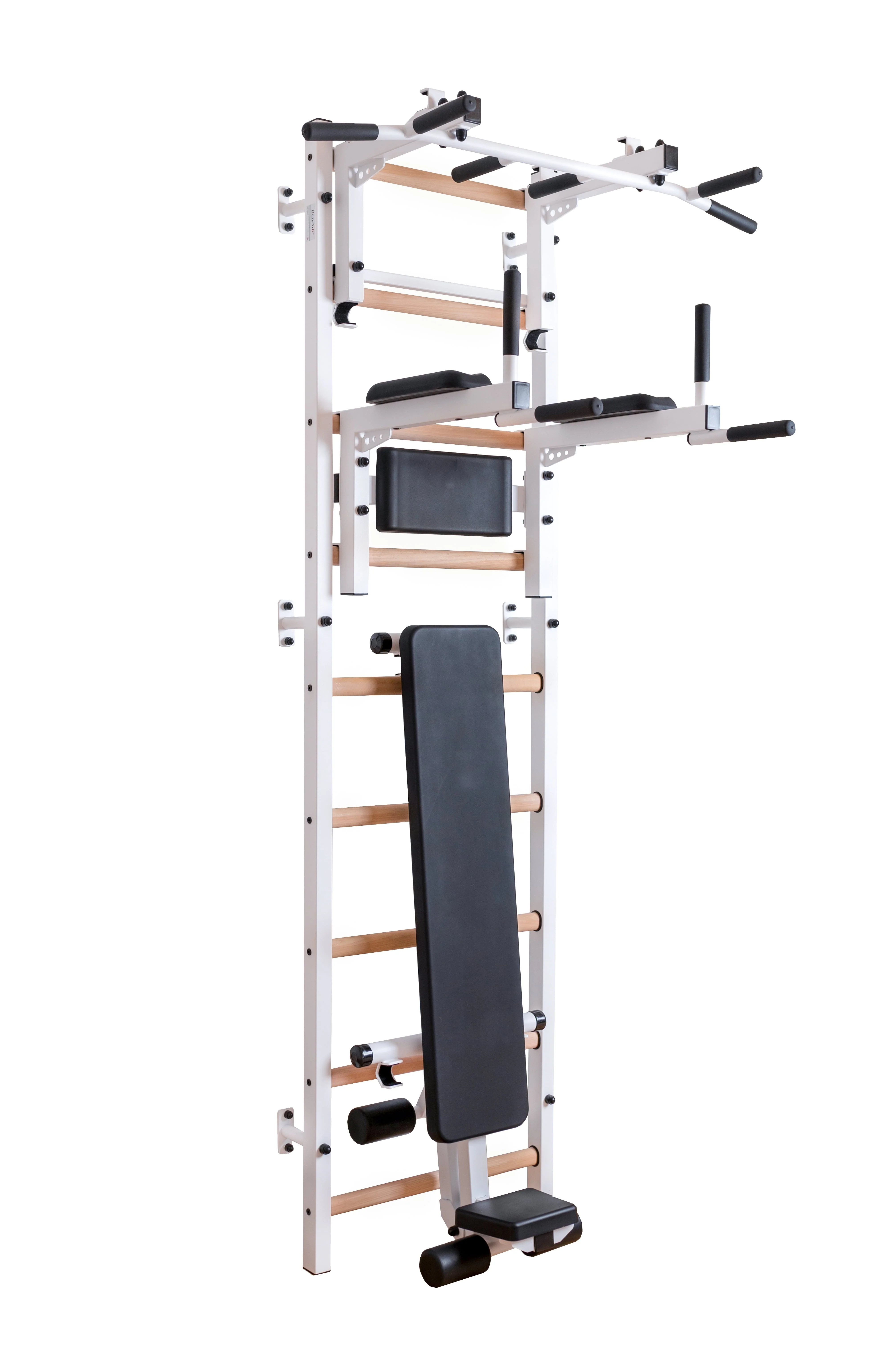 733 White Wall bars with convertible steel 6 grip pull up bar that can also be used as a barbell holder, dip bar with back support and advanced workout bench