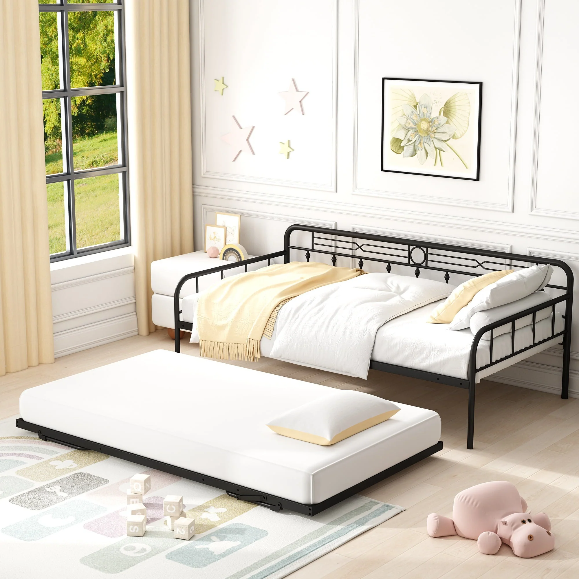 Sesslife Metal Daybed with Adjustable Trundle, Twin Size Daybed with Twin Size Pop up Trundle Bed, Heavy - Duty Sofa with Portable Folding Trundle Bed for Bedroom Living Room (Black)