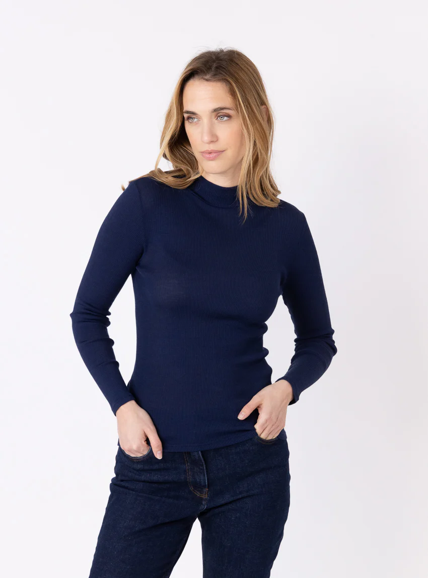 Pull chaussette femme col montant bleu marine
