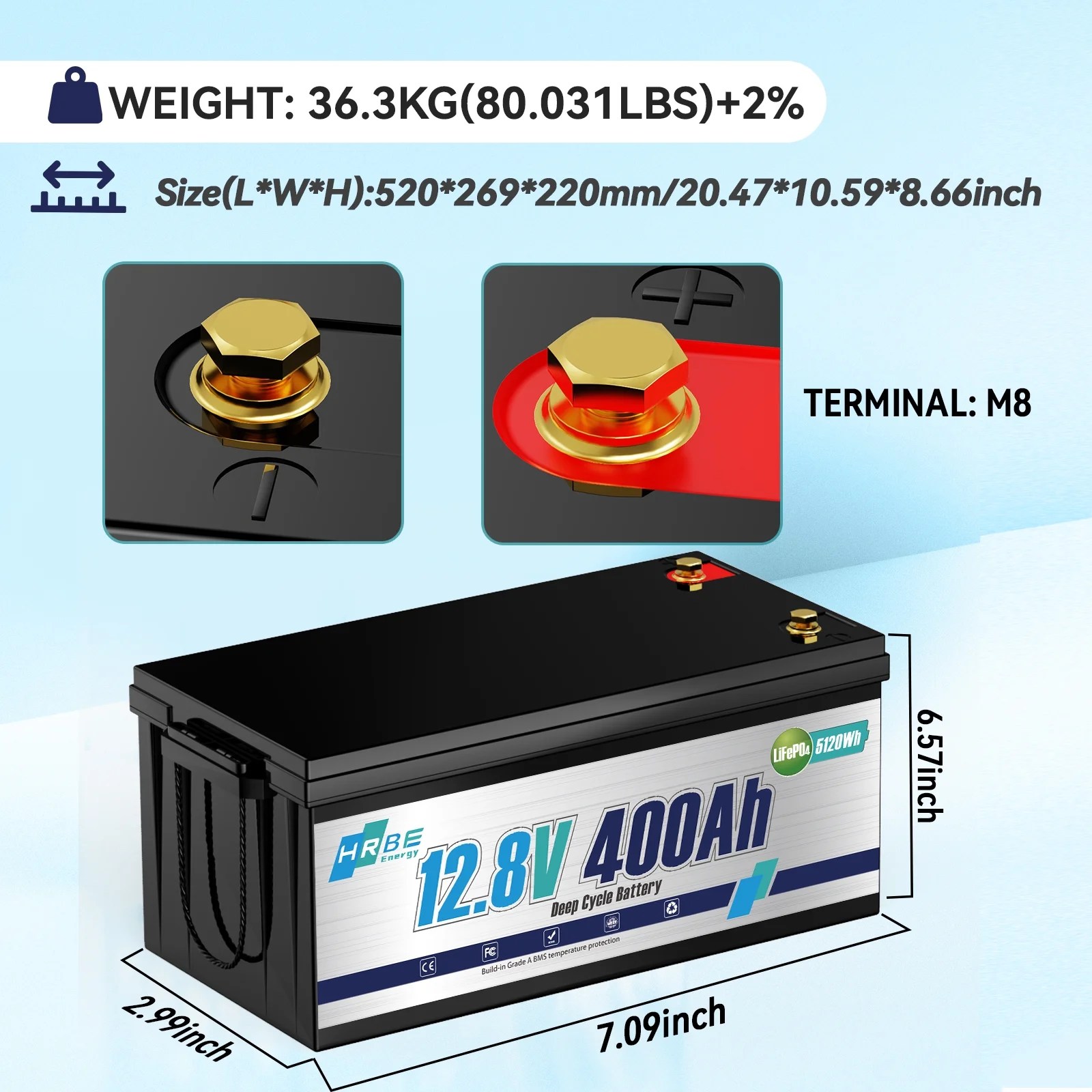 12V 400Ah LiFePO4 Lithium Battery,5120Wh,3200W Max,15000+ Deep Cycles Group 8D Battery,for RV Solar Fishing Trolling Motor Marine,Built in 200A BMS Image 7