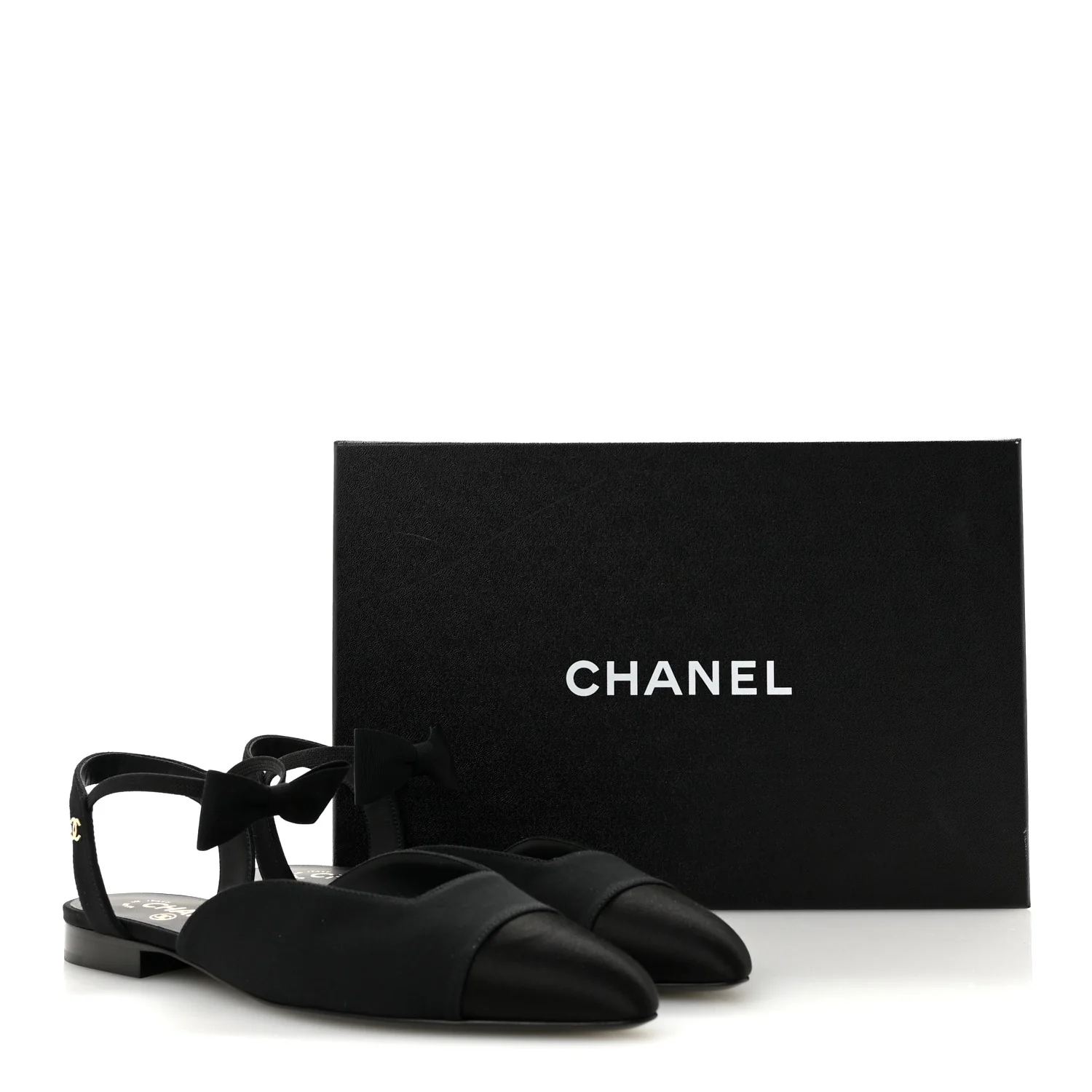 Satin Slingback Cap Toe Bow Flats 39.5 Black