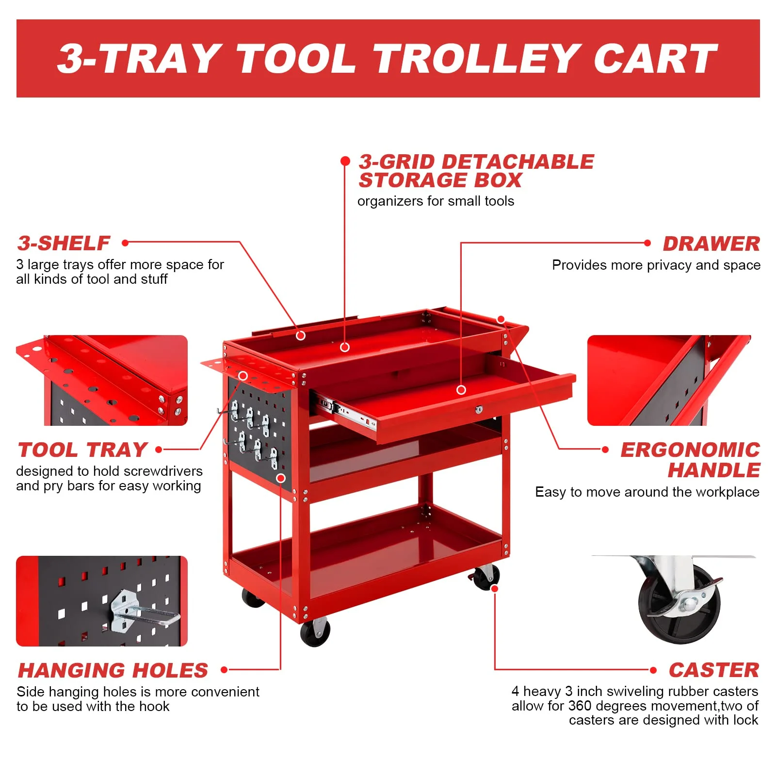 3-Tier Metal Rolling Tool Cart, Lockable Drawer, 330 lbs Capacity, Heavy Duty Utility Cart for Garage Black - Image 5