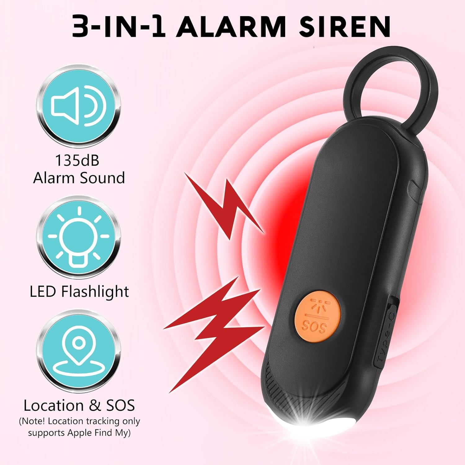 Rechargeable Personal Safety Alarm for Women - 135dB Loud Alarm and Flashing Light, Anti-Loss Locking Pin, Search with Apple Find My, for Women, Kids, Seniors, Anti-Loss, iOS Only (White)