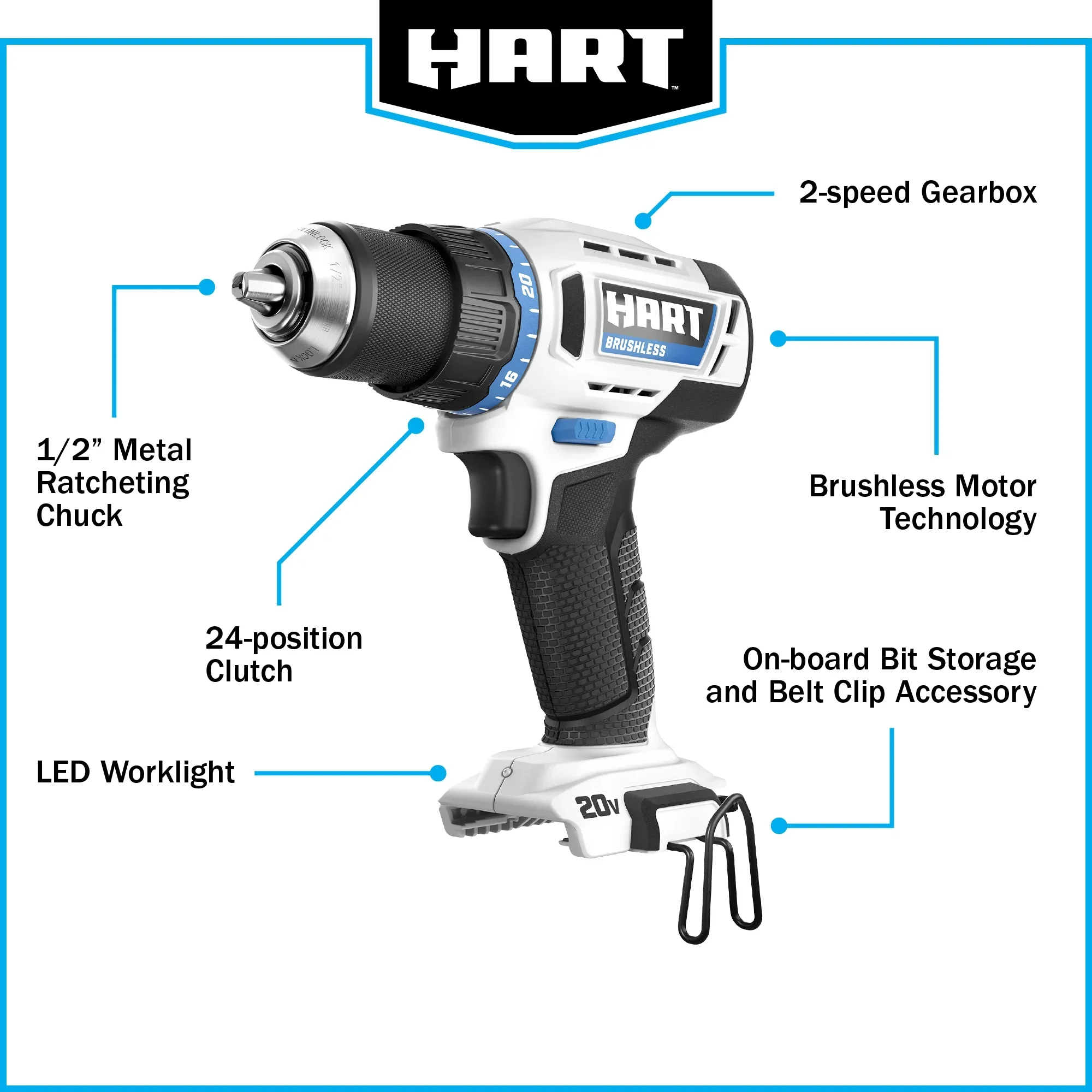 HART 20-Volt Brushless 1/2-inch Drill/Driver Kit, Gen 2