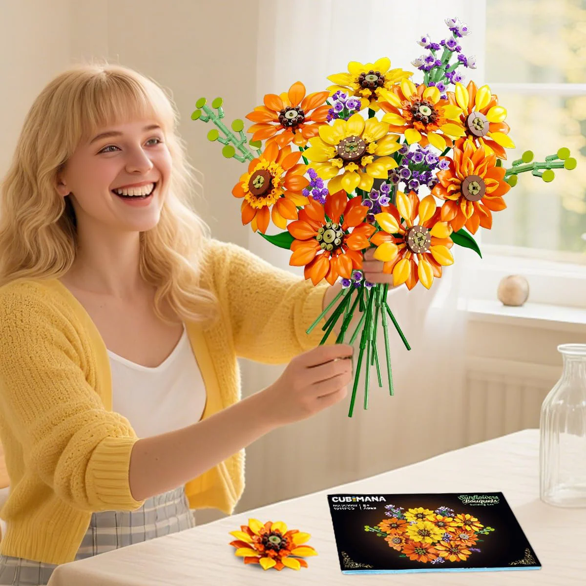 Flowers Sunflower Bouquet Building Set with Lights - 17 Flowers Botanical Collection Artificial Plant Sunflower Building Blocks Art Home Decor Easter Gifts for Adults Women Girl (1011PCS)