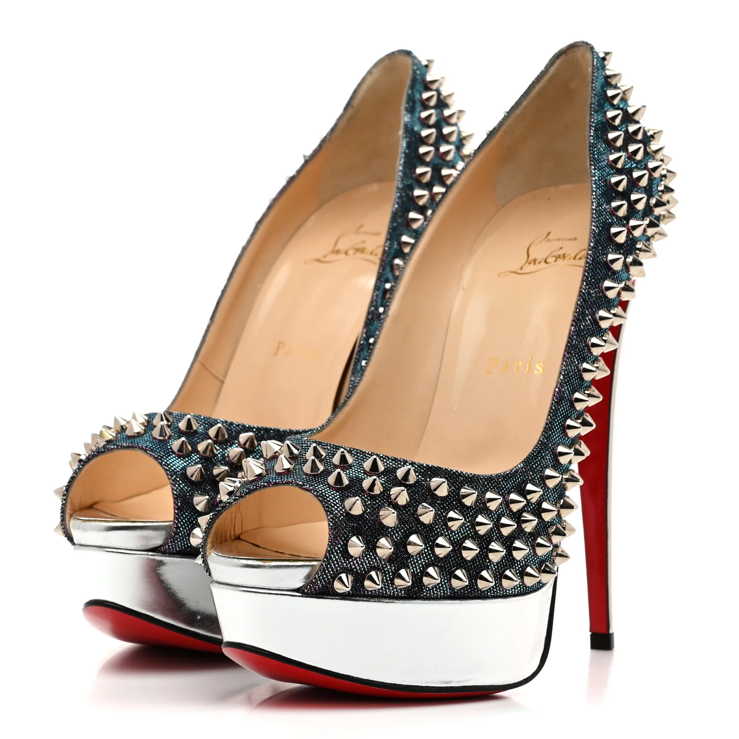 Lame Satin Lady Peep Spikes 150 Pumps 39 Turquoise Violet Silver