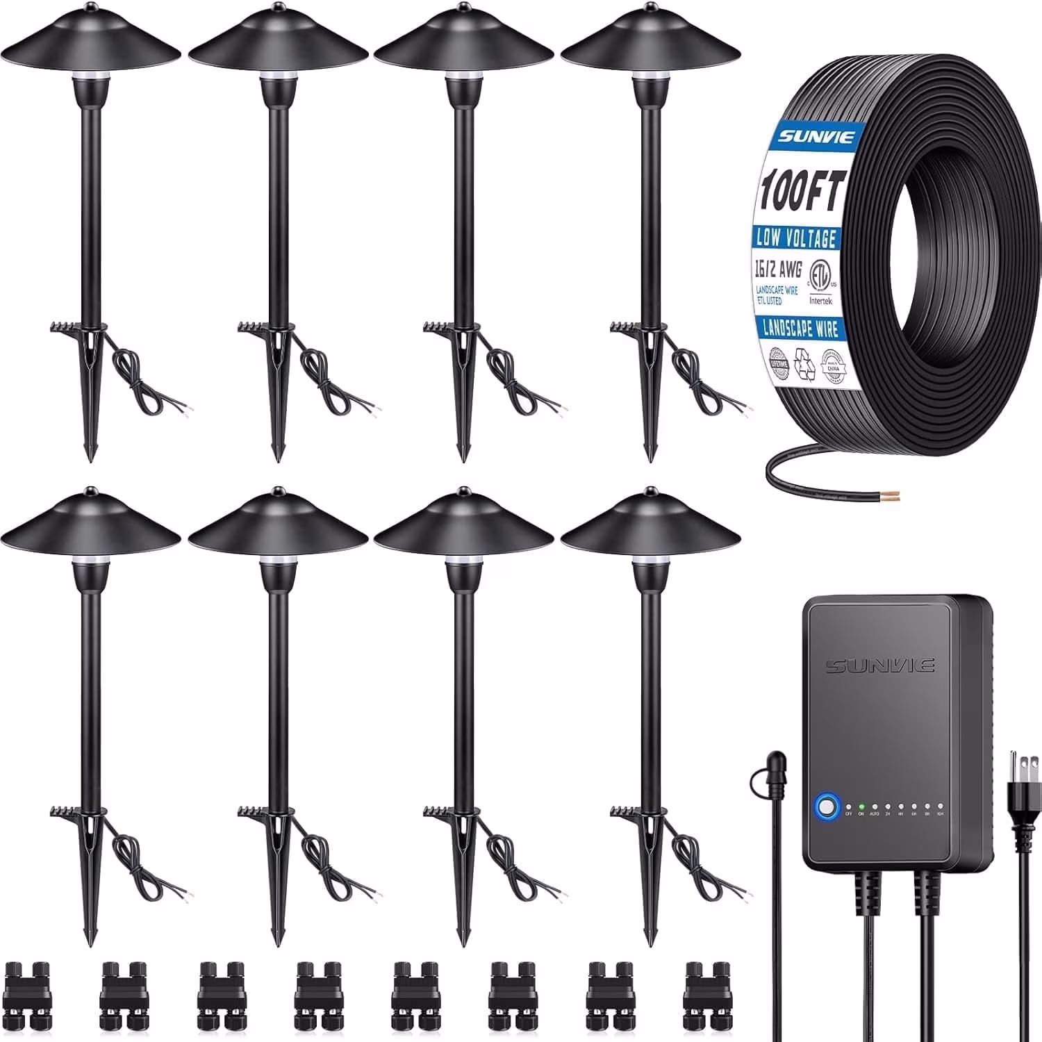 SUNVIE All - in - One Low Voltage Pathway Lighting Kit, 8 Pack LED Light with Transformer and Wire