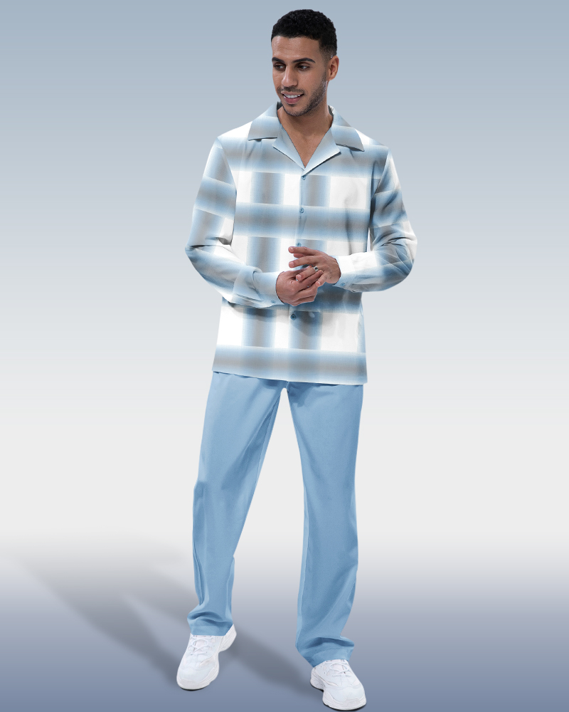 Costume de marche à carreaux bleus à manches longues pour homme Suitmens