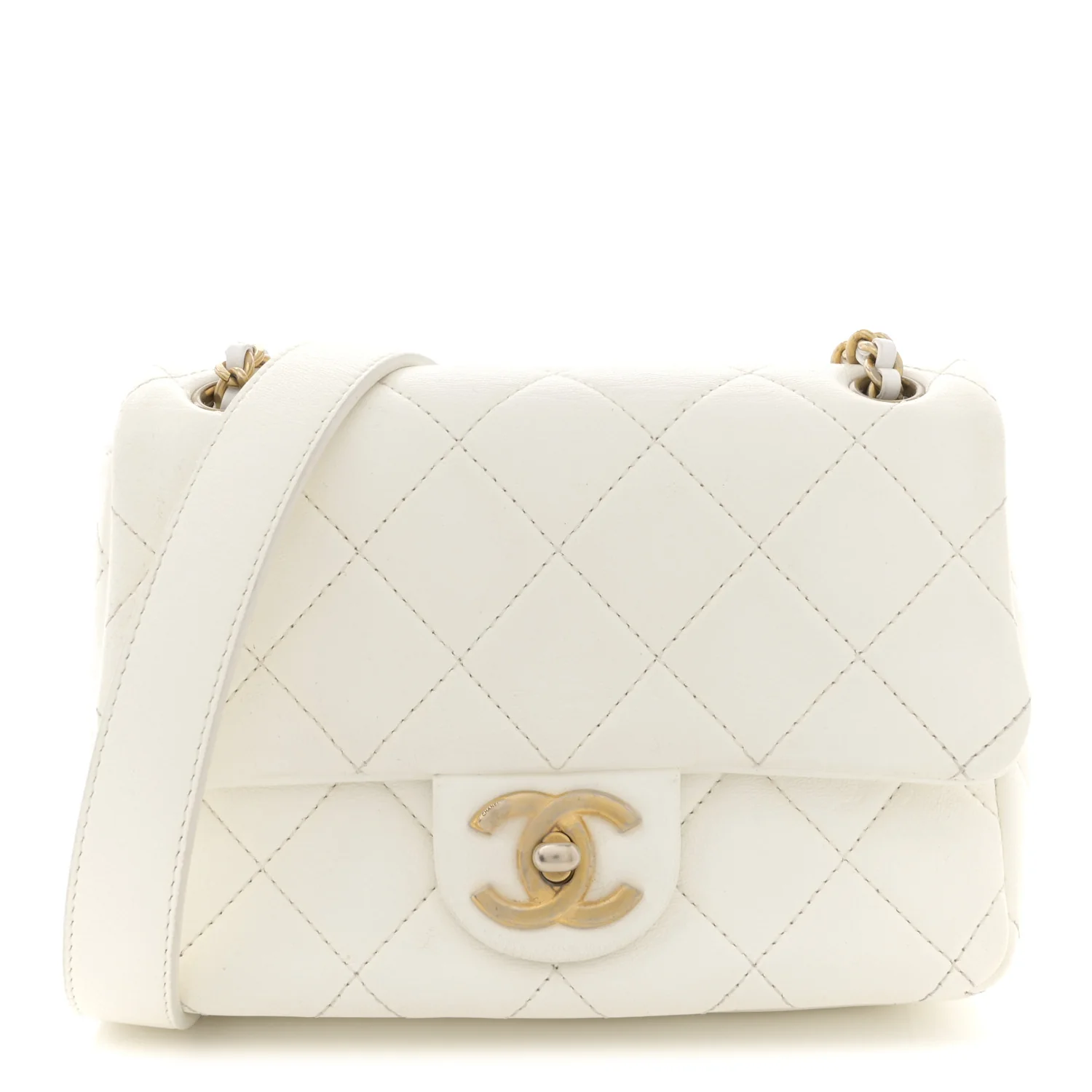 Shiny Lambskin Quilted Mini Flap White