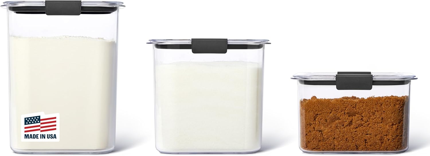 Rubbermaid Brilliance Plastic Food Storage Pantry Baking Set, 3 Containers with Lids (6 Pieces Total), BPA-Free, Clear