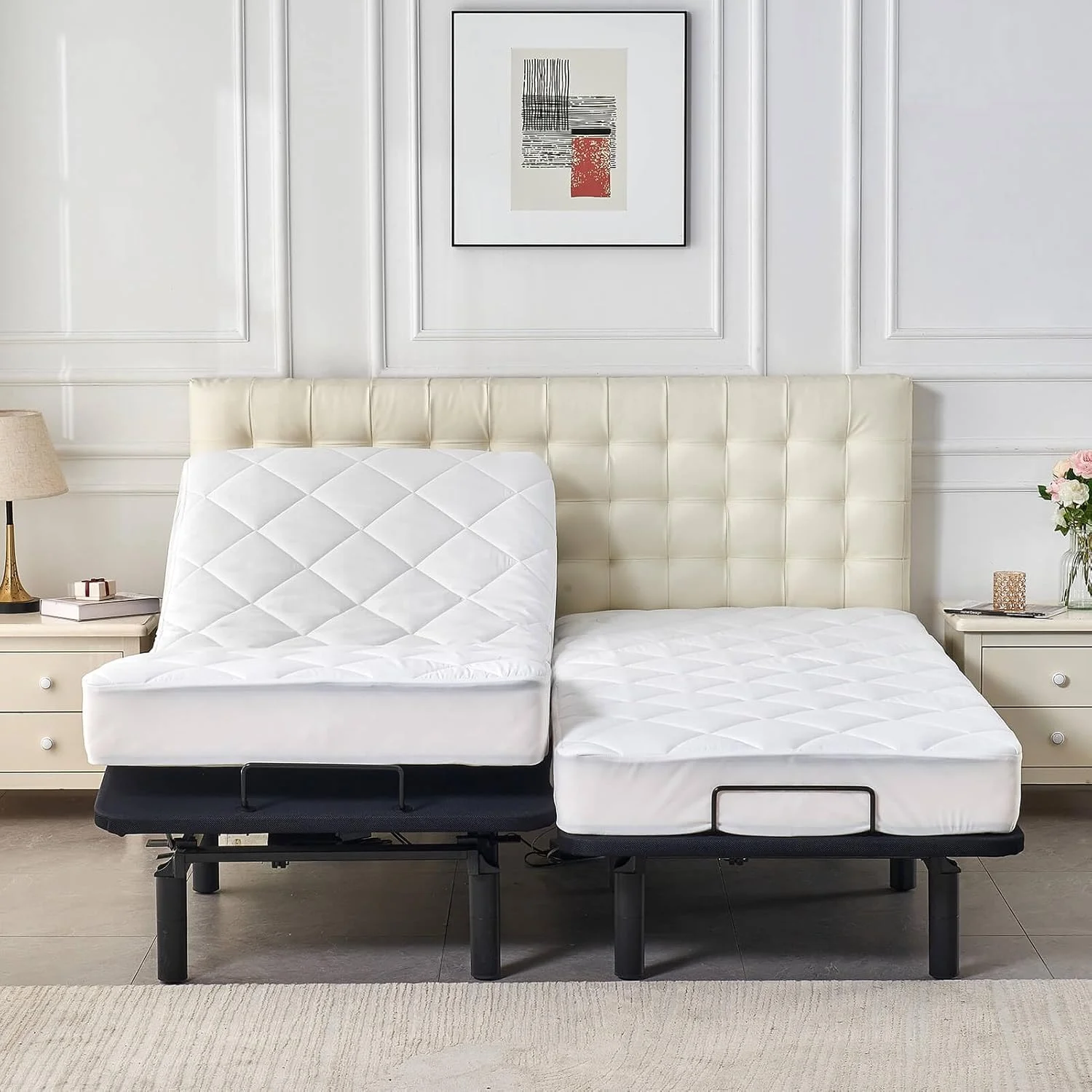 Split King Mattress Topper for Adjustable Bed Fluffy Matress Cover Quilted Fitted Mattress Pad with Elastic Pocket(Split King/White) - Image 2