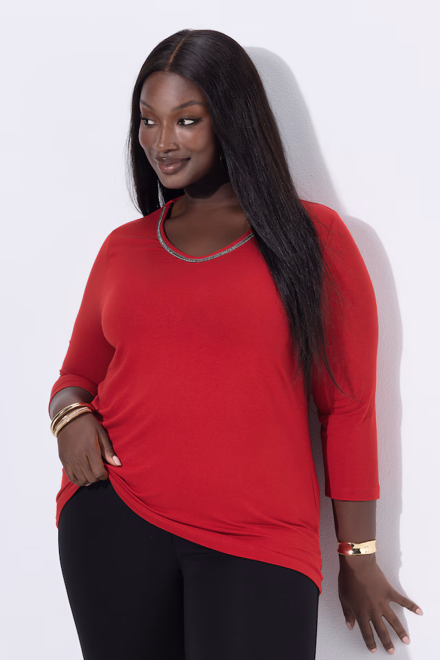 Rhinestone Neck 3/4 Sleeve Tee
