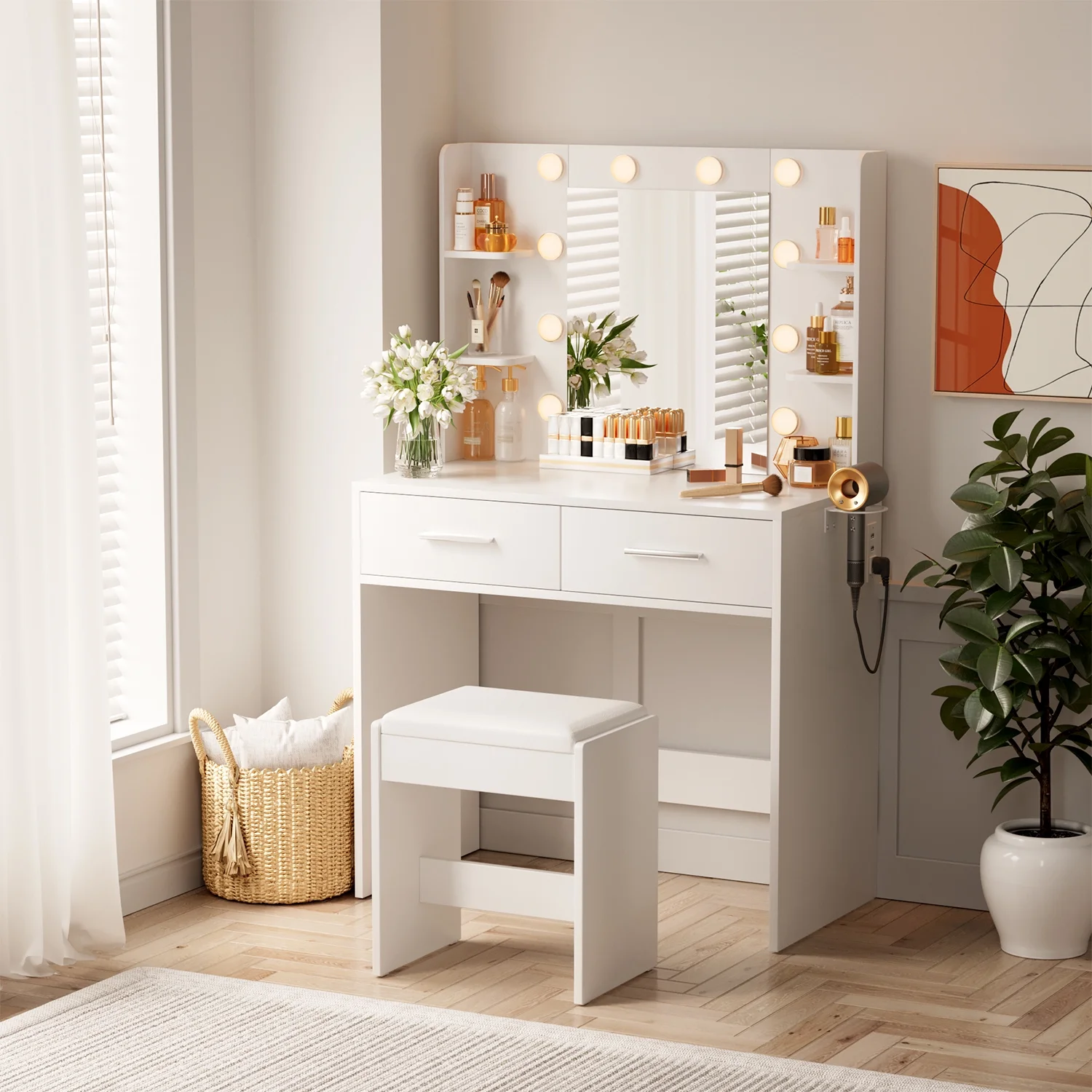 Vineego Makeup Vanity Desk with Lighted Mirror & Power Outlet, Makeup Vanity with Stool, White