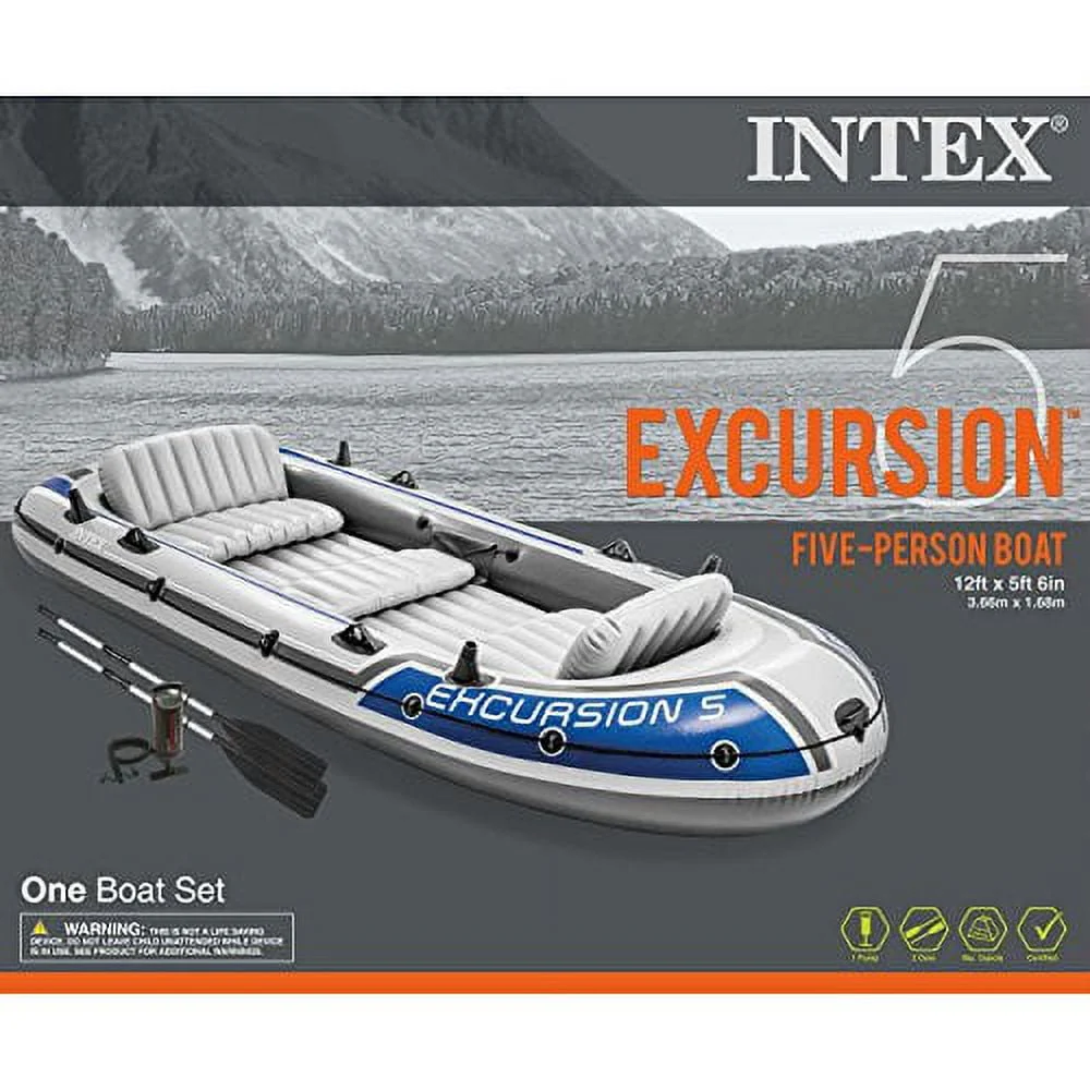 Intex 68325EP Excursion Inflatable 5 Person Heavy Duty Fishing Boat Raft Set with 2 Aluminum Oars High Output Air Pump for Lakes Mild Rivers, Gray Image 4