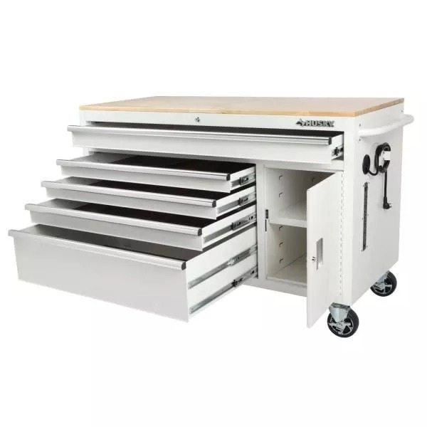 Coffre à outils mobile de 142 cm de large, 5 tiroirs, 1 porte, plateau en bois massif, finition blanc brillant